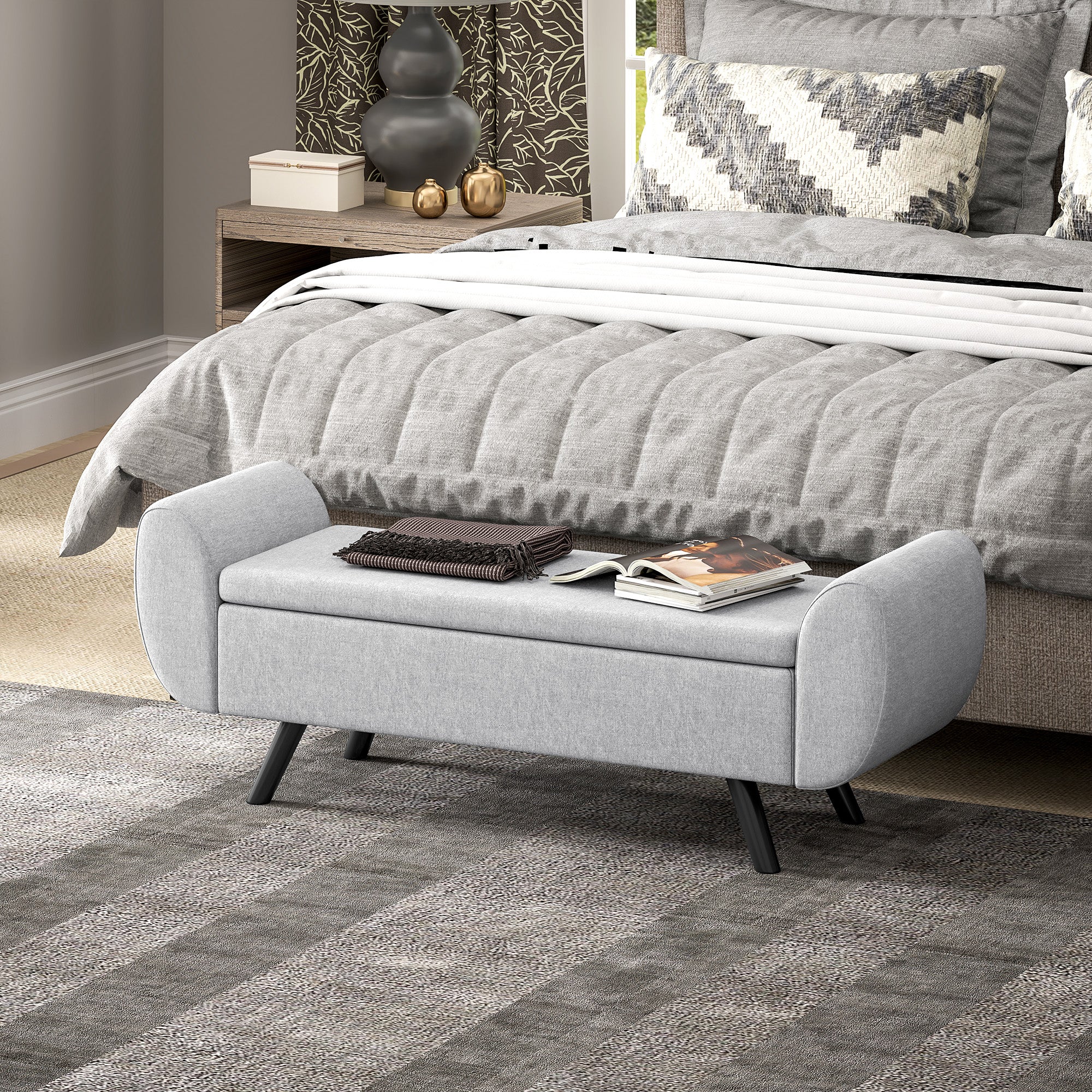 HOMCOM Storage Ottoman With Armrest, Upholstered Linen Storage Bench - Image 11