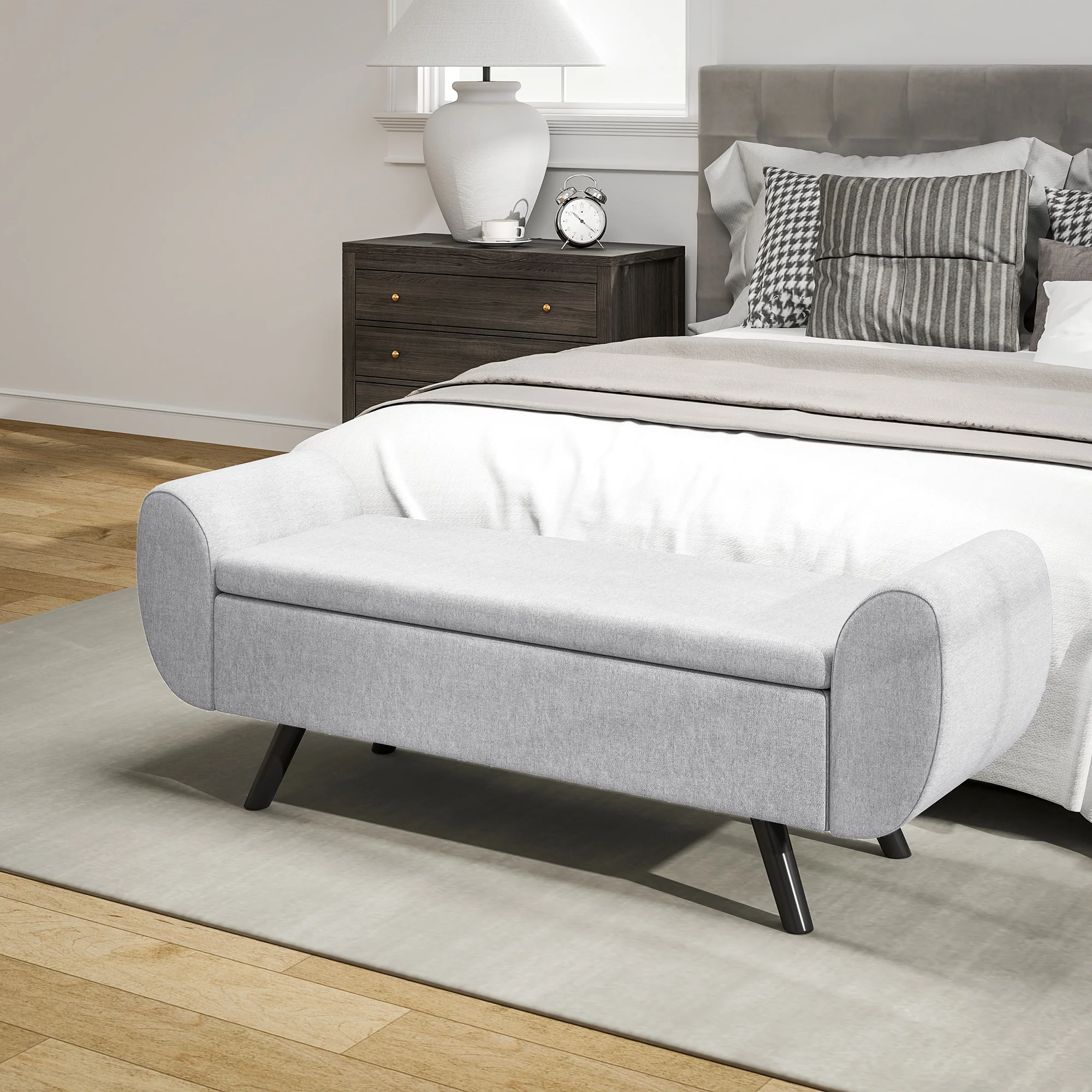 HOMCOM Storage Ottoman With Armrest, Upholstered Linen Storage Bench - Image 17
