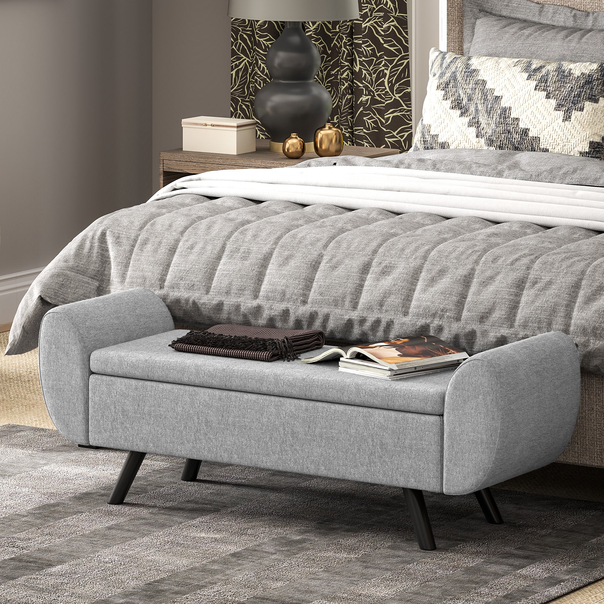 HOMCOM Storage Ottoman With Armrest, Upholstered Linen Storage Bench - Image 2