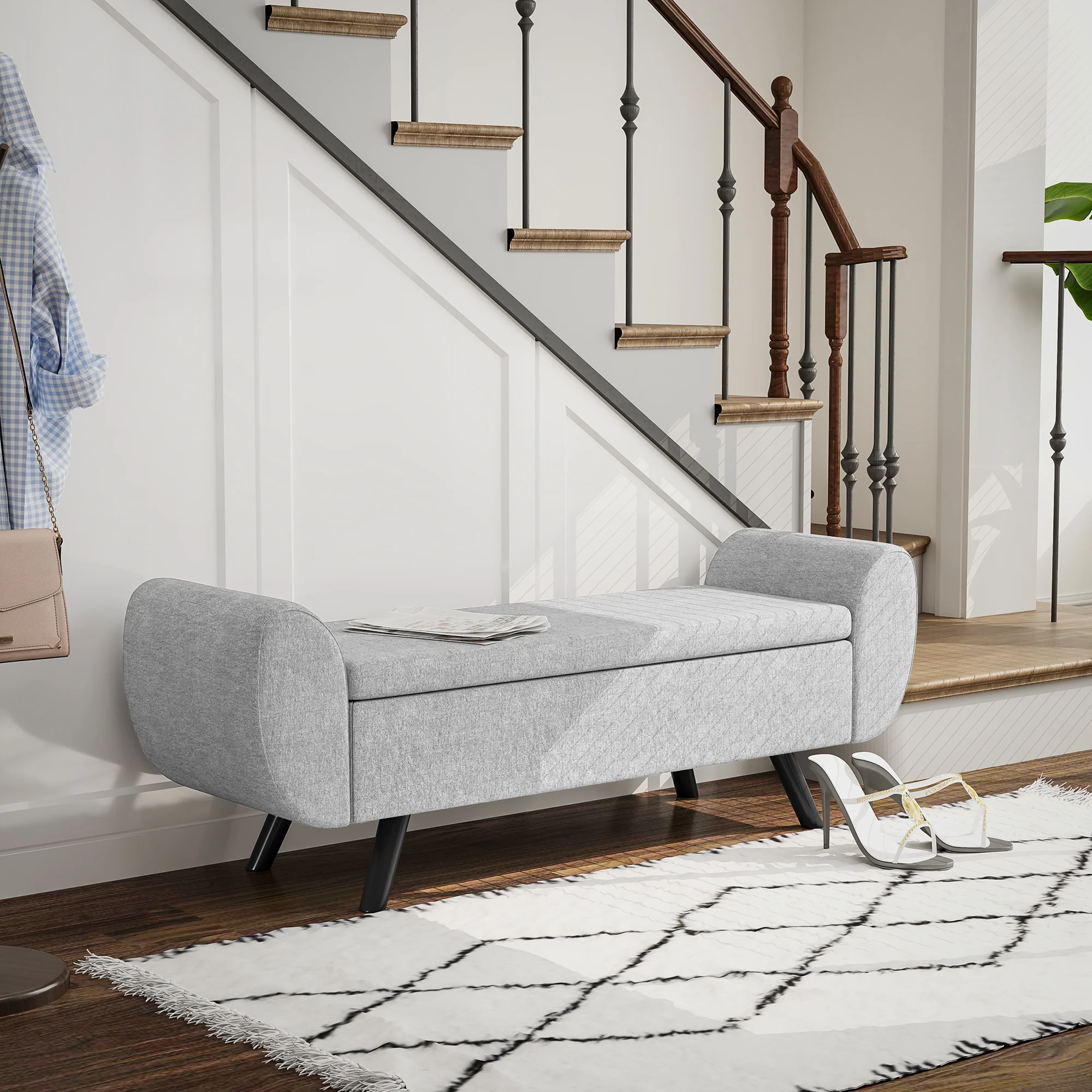HOMCOM Storage Ottoman With Armrest, Upholstered Linen Storage Bench - Image 8