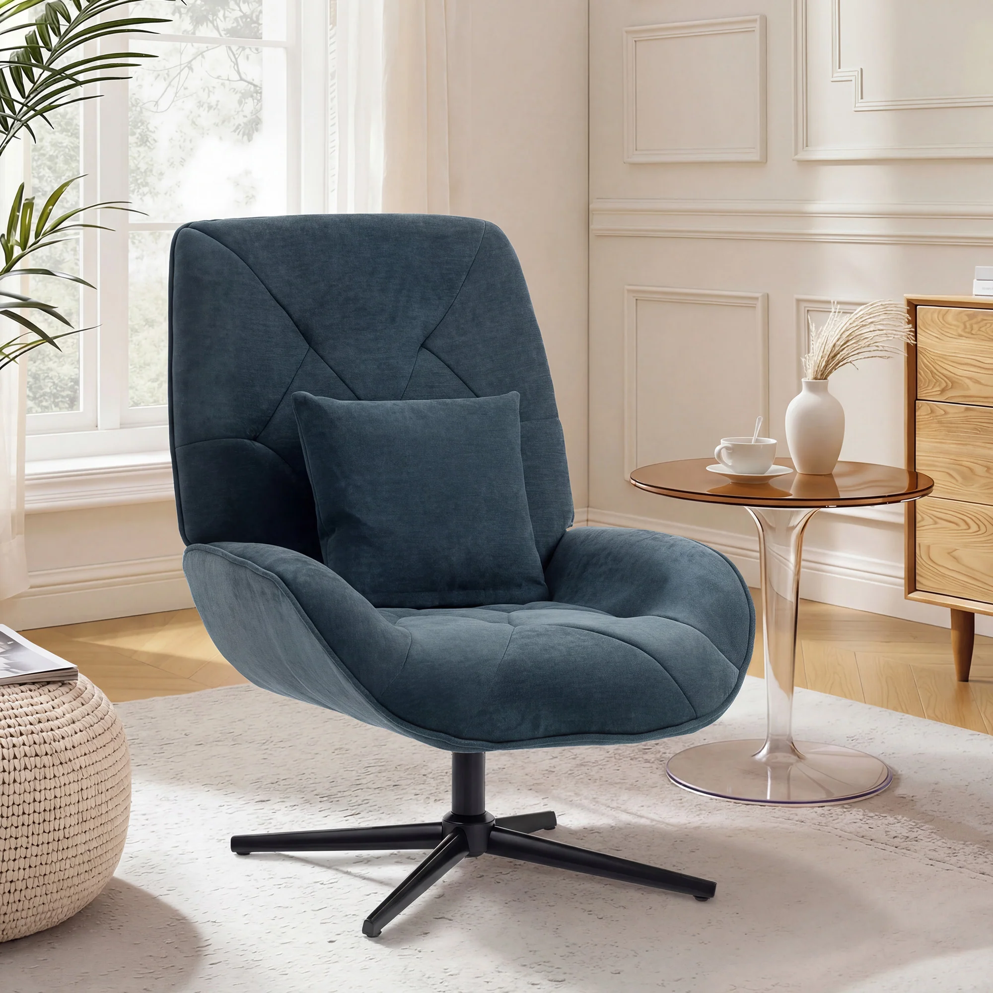 HOMCOM Swivel Accent Chair, Chenille Armchair With Lumbar Pillow, Dark Green - Image 2