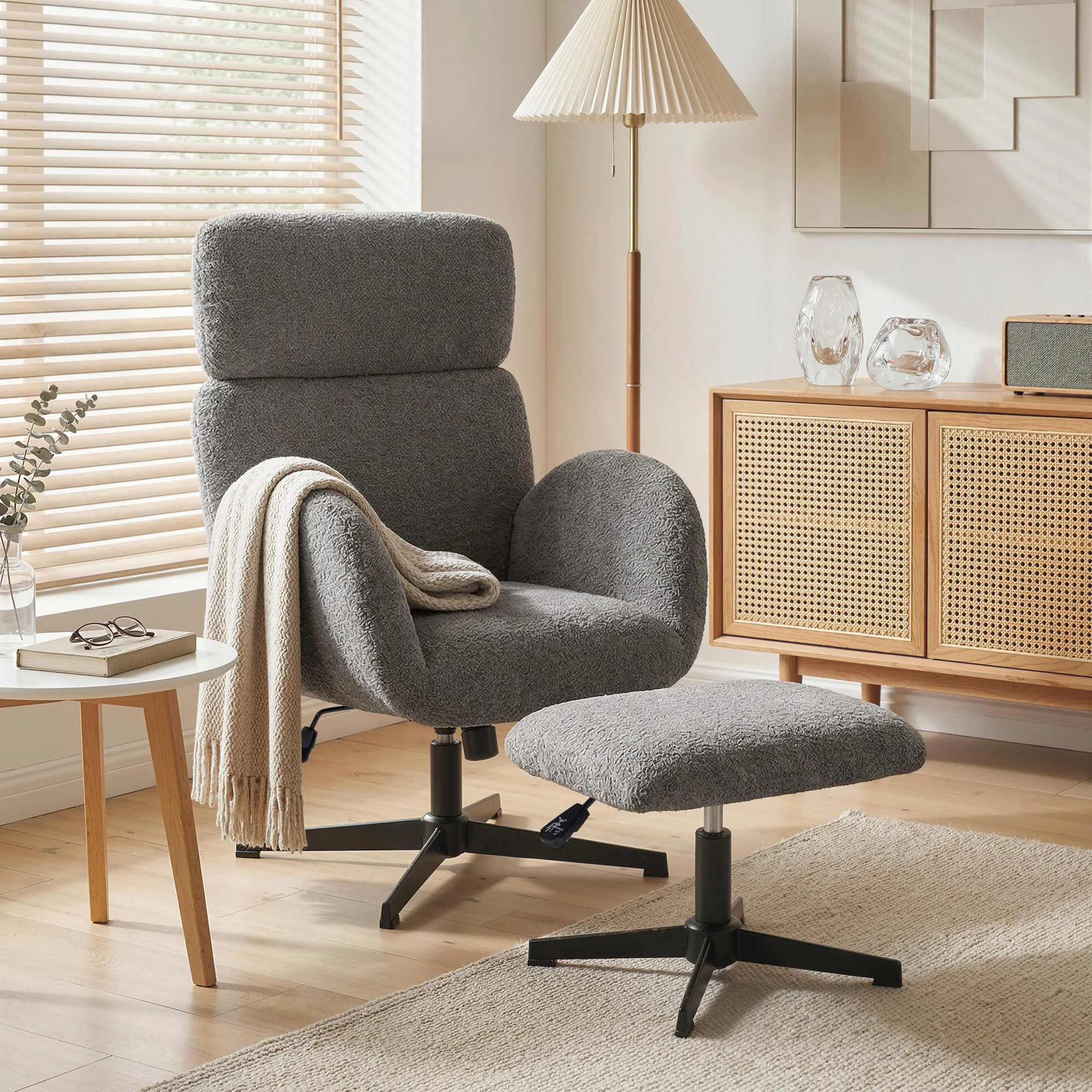 HOMCOM Swivel Armchair with Footstool, Rocking Accent Chair, Grey - Image 2
