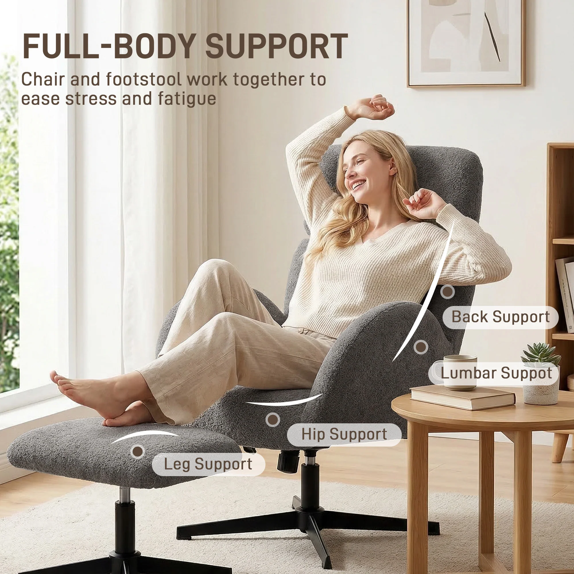 HOMCOM Swivel Armchair with Footstool, Rocking Accent Chair, Grey - Image 3