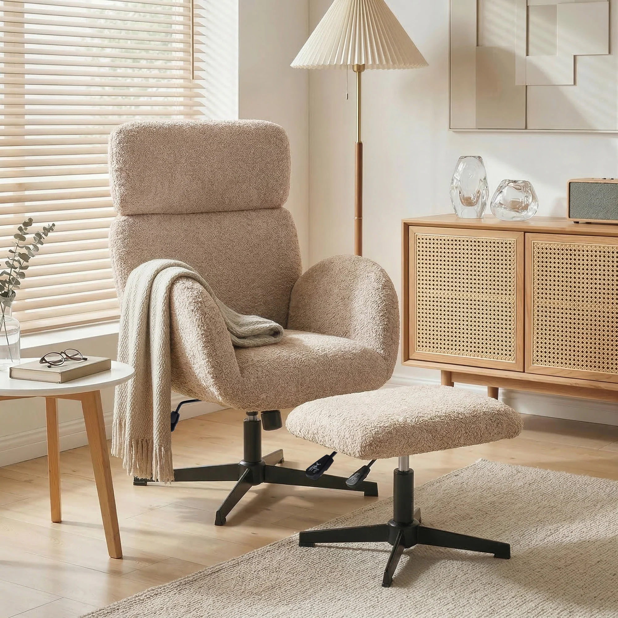 HOMCOM Swivel Armchair with Footstool, Rocking Accent Chair, Light Brown - Image 2