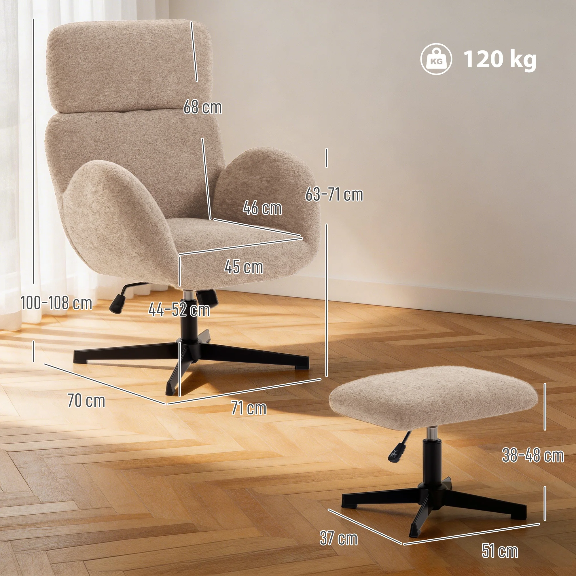 HOMCOM Swivel Armchair with Footstool, Rocking Accent Chair, Light Brown - Image 5