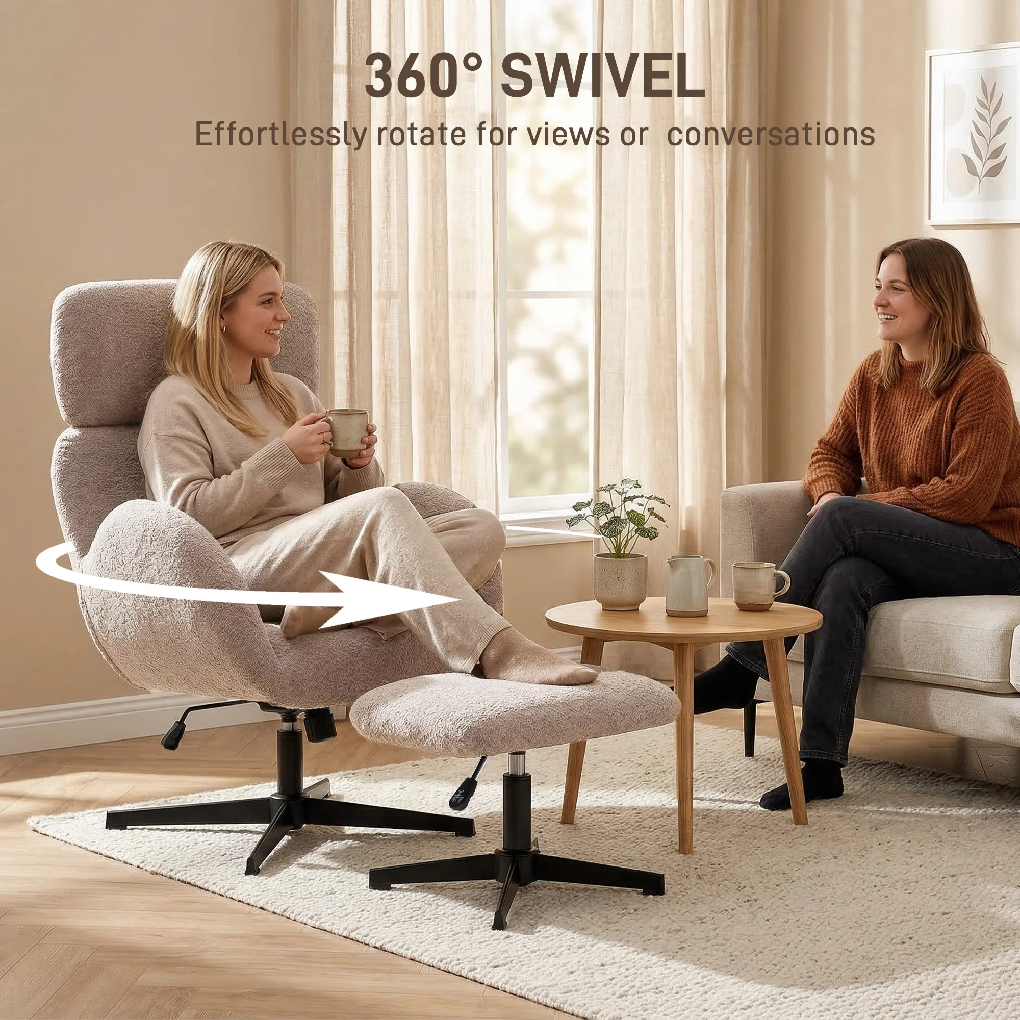 HOMCOM Swivel Armchair with Footstool, Rocking Accent Chair, Light Brown - Image 7