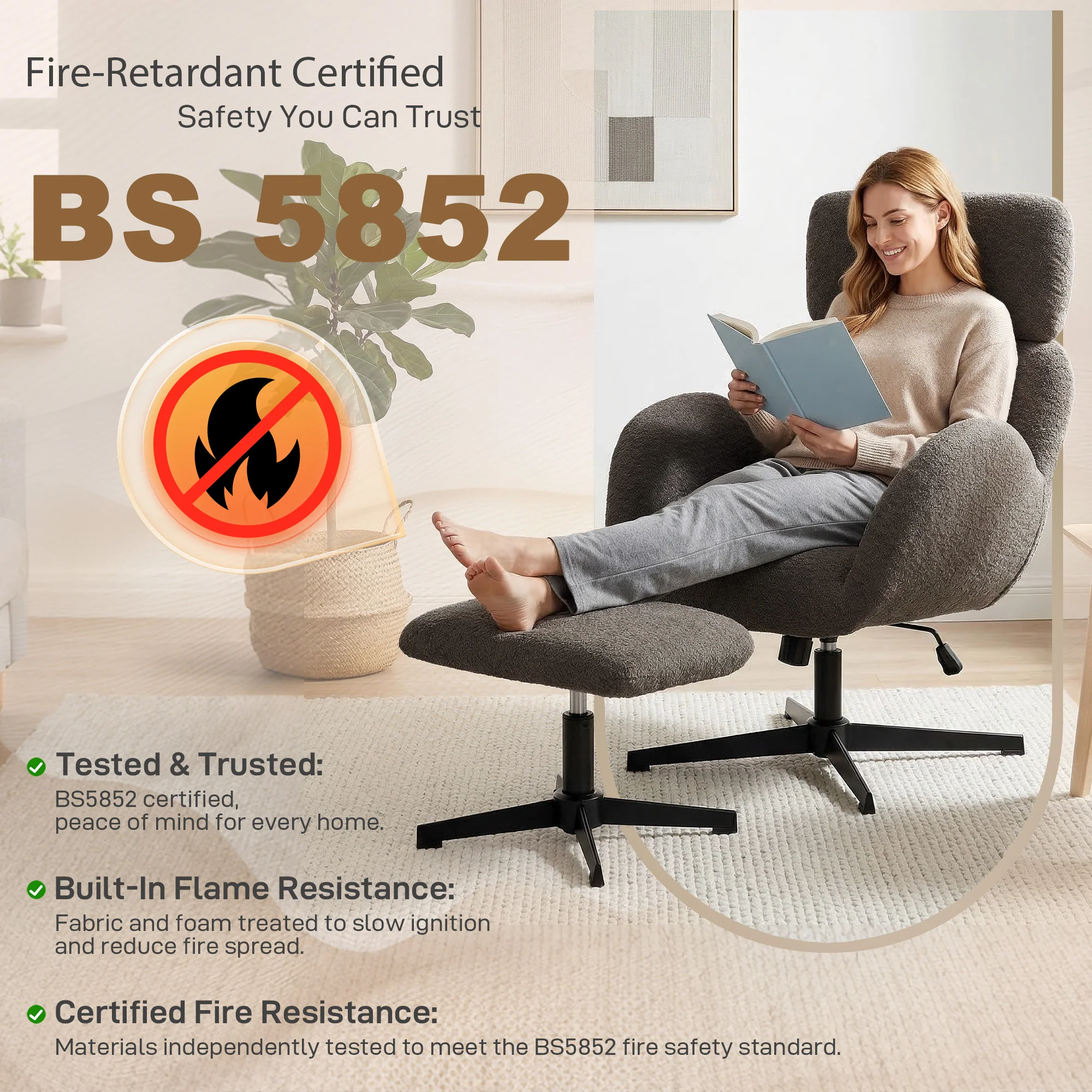 HOMCOM Swivel Armchair with Footstool, Rocking Accent Chair, Light Brown - Image 8