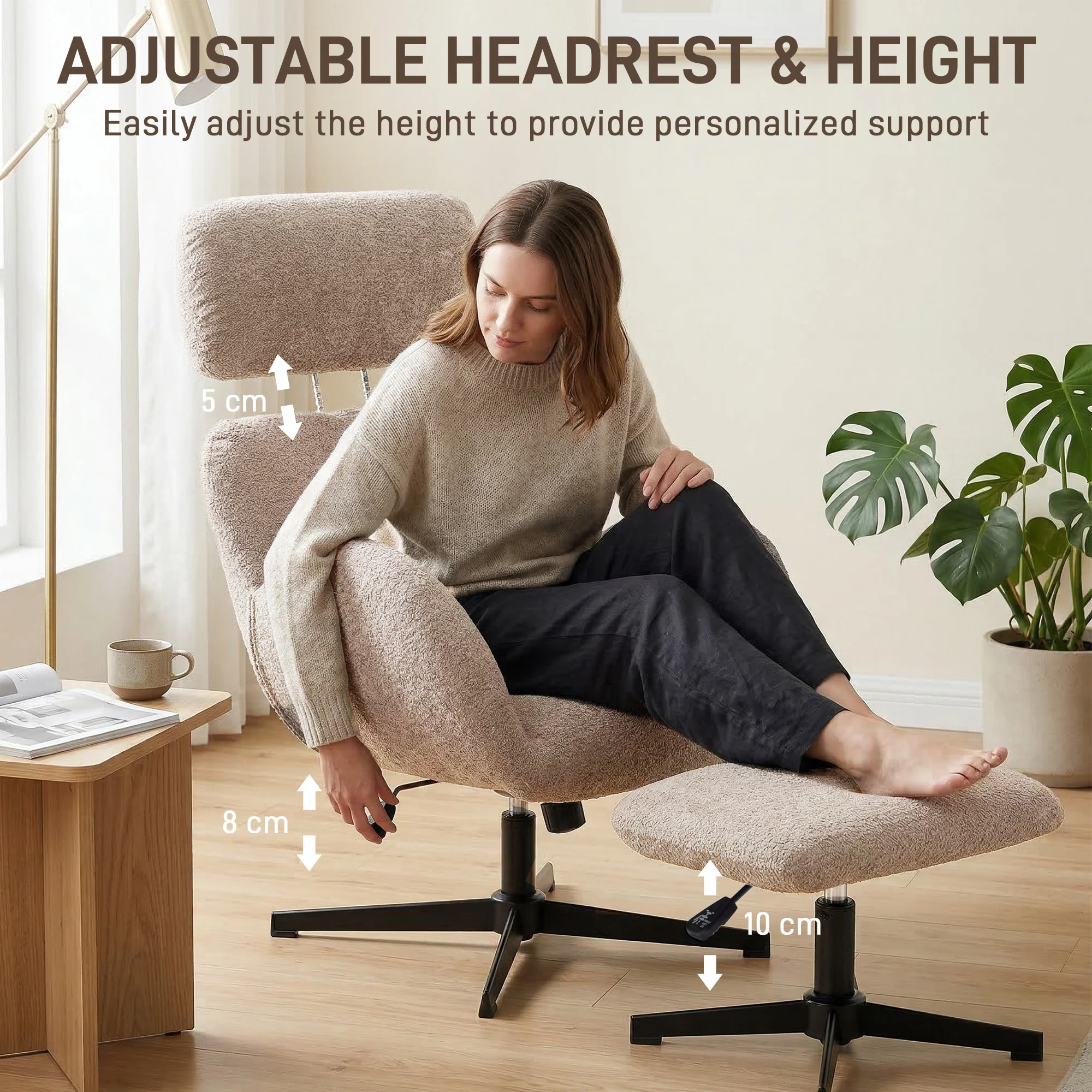 HOMCOM Swivel Armchair with Footstool, Rocking Accent Chair, Light Brown - Image 9