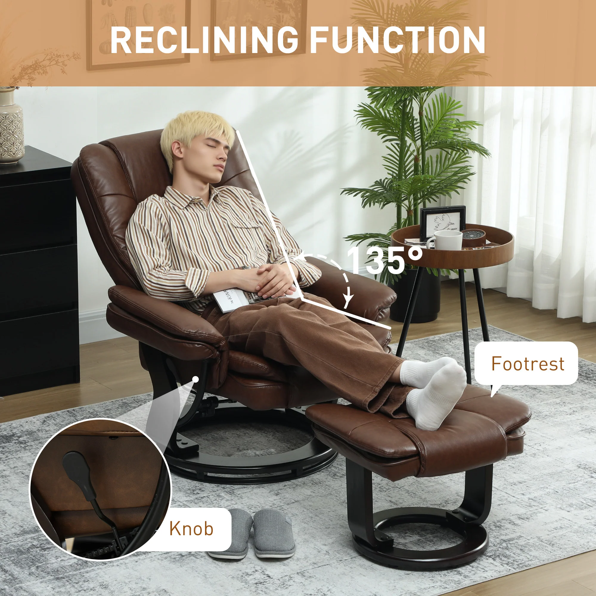 HOMCOM Swivel Manual Recliner And Footrest Set PU Leather Chair Brown - Image 3