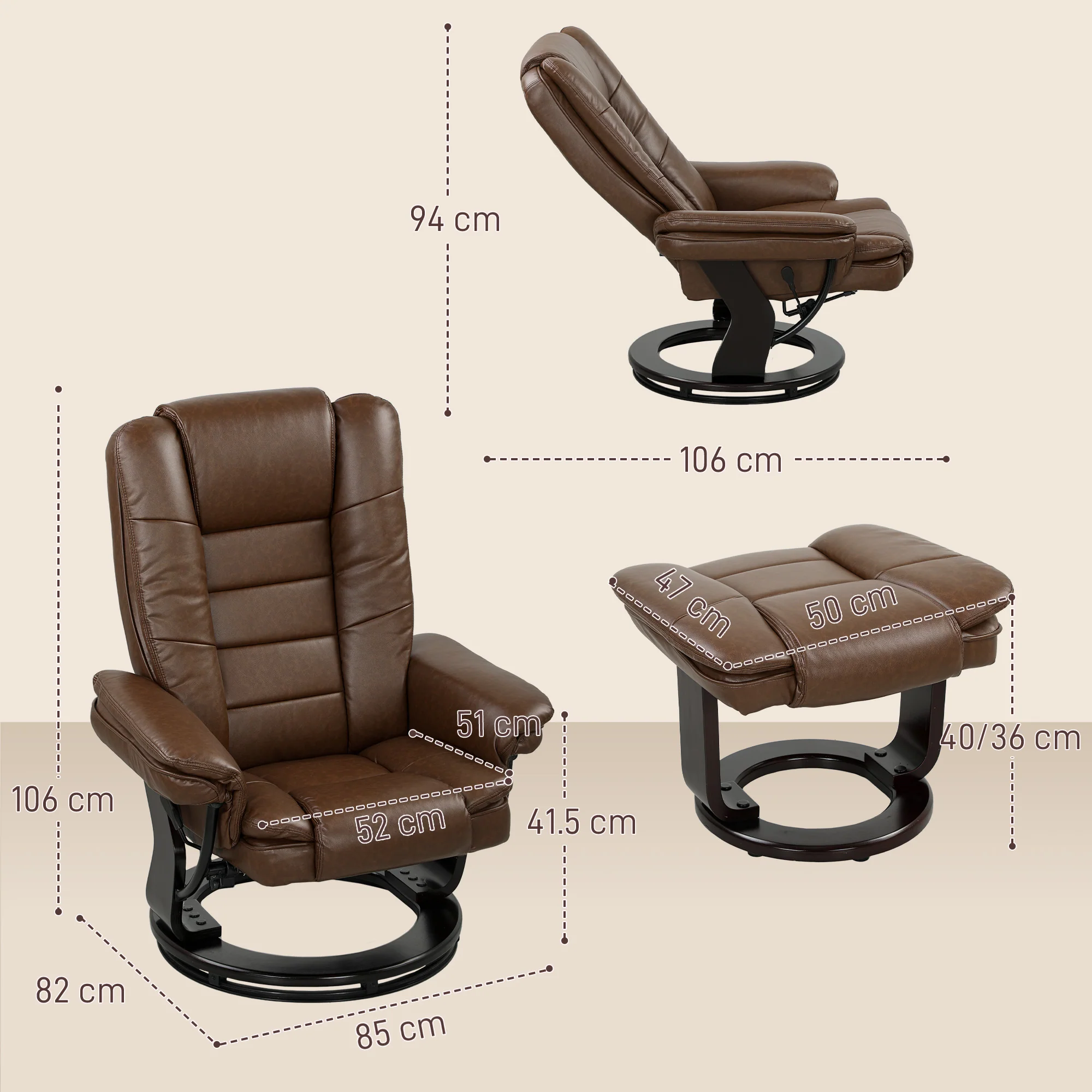 HOMCOM Swivel Manual Recliner And Footrest Set PU Leather Chair Brown - Image 5