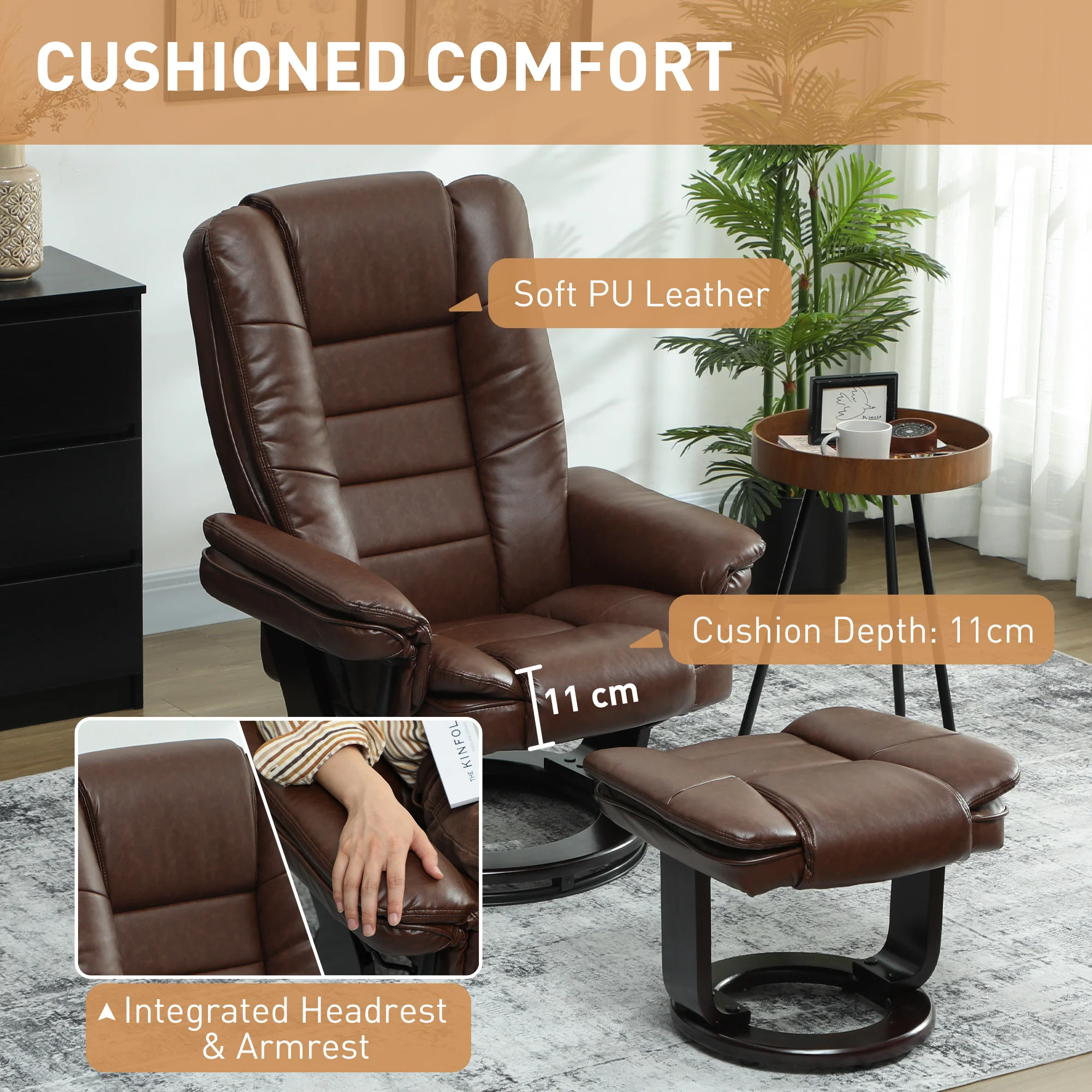 HOMCOM Swivel Manual Recliner And Footrest Set PU Leather Chair Brown - Image 6