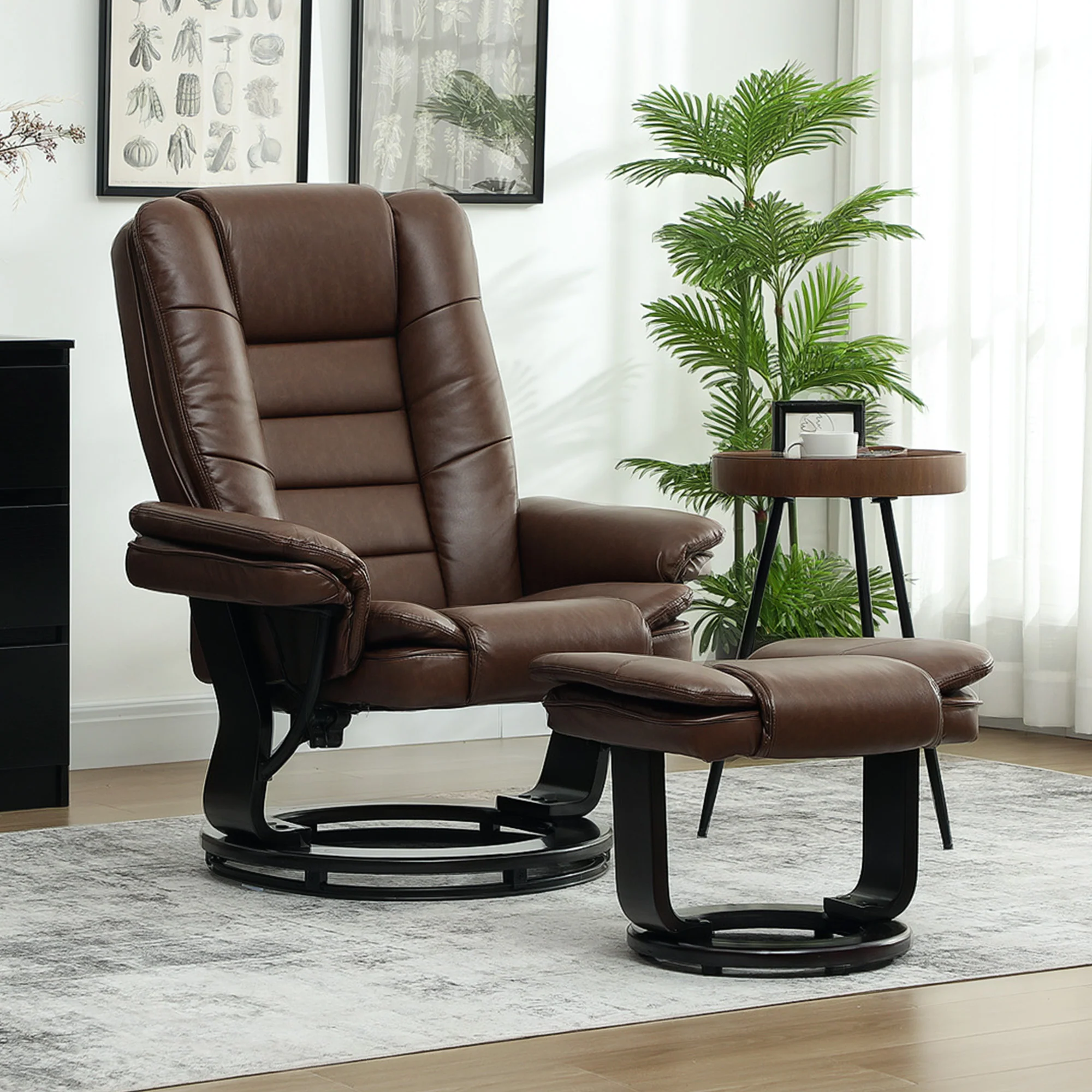 HOMCOM Swivel Manual Recliner And Footrest Set PU Leather Chair Brown - Image 7