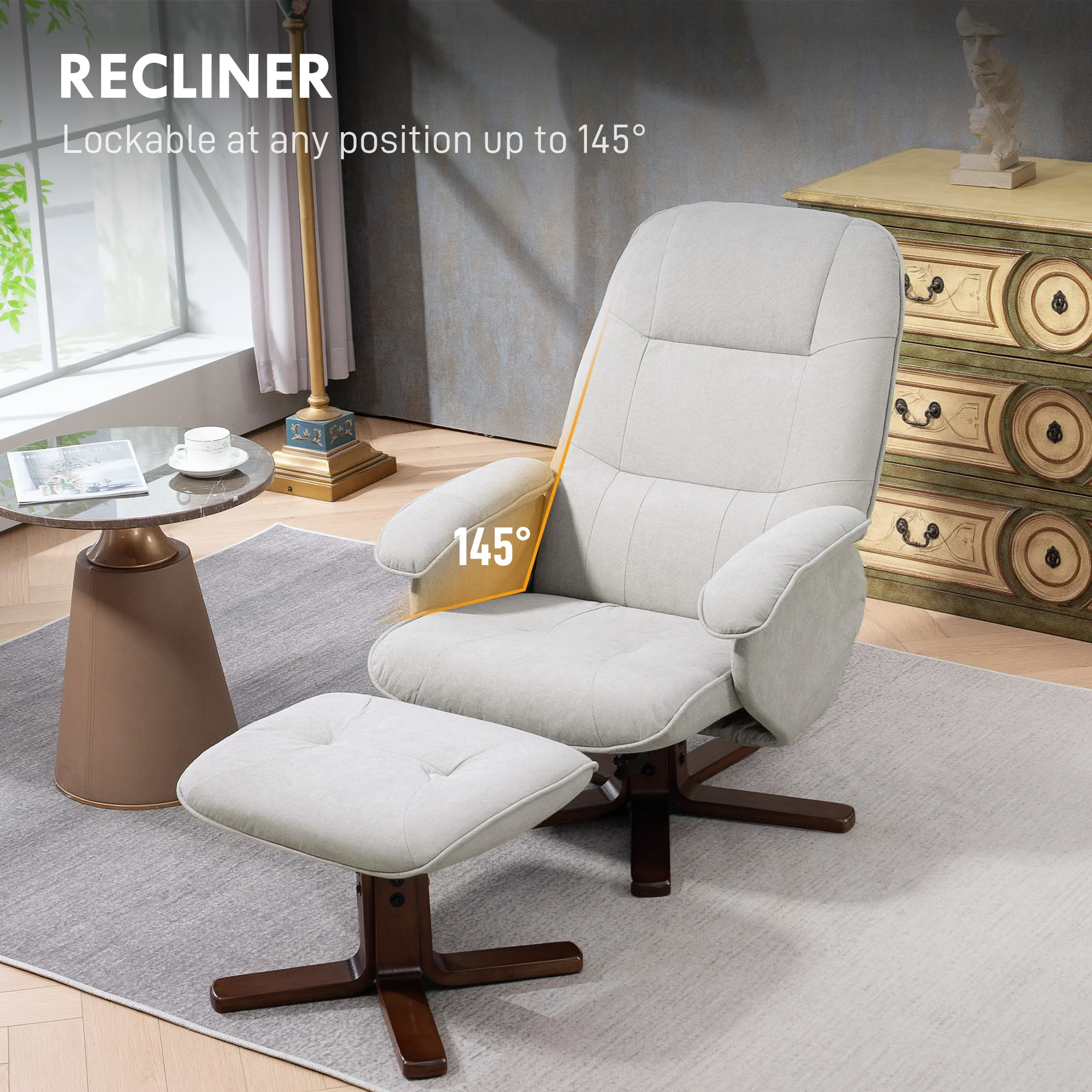 HOMCOM Swivel Recliner Chair with Footstool and Wooden Base, Light Grey - Image 3