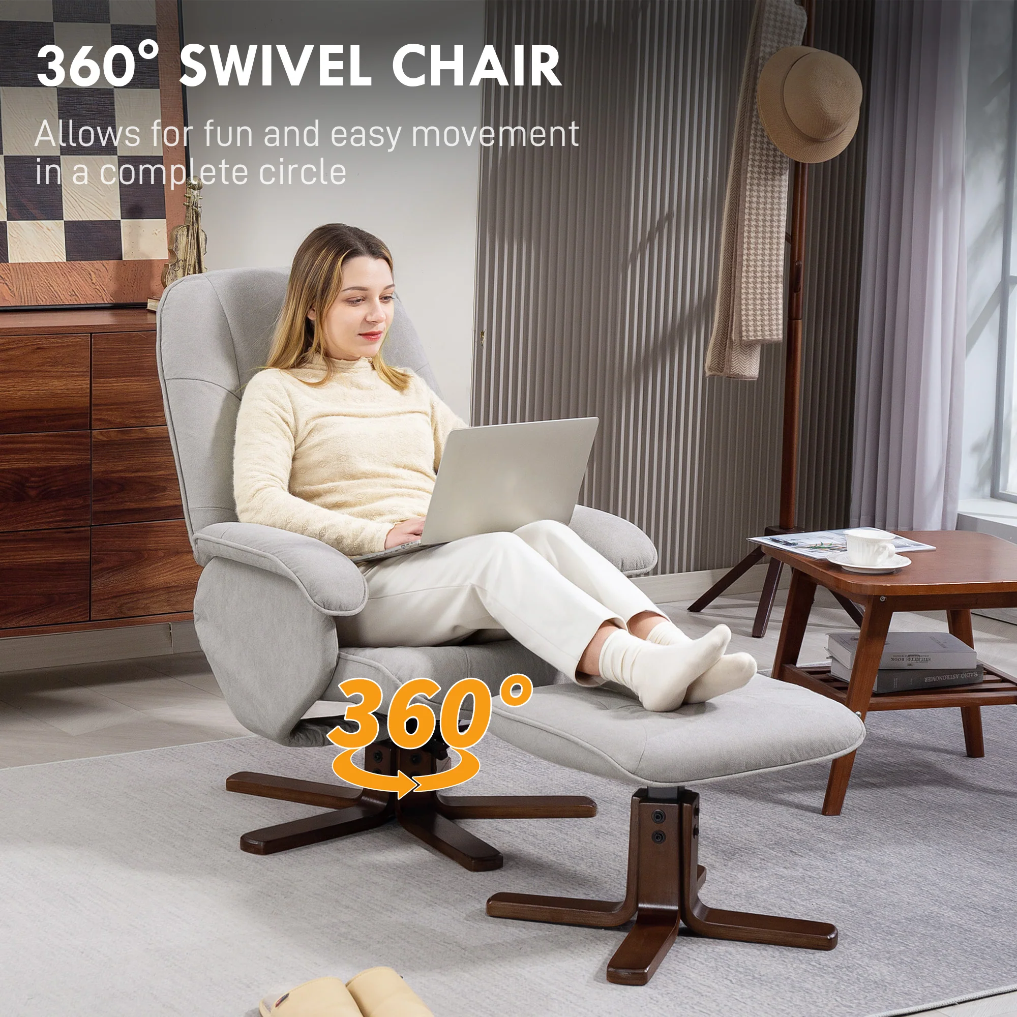HOMCOM Swivel Recliner Chair with Footstool and Wooden Base, Light Grey - Image 4