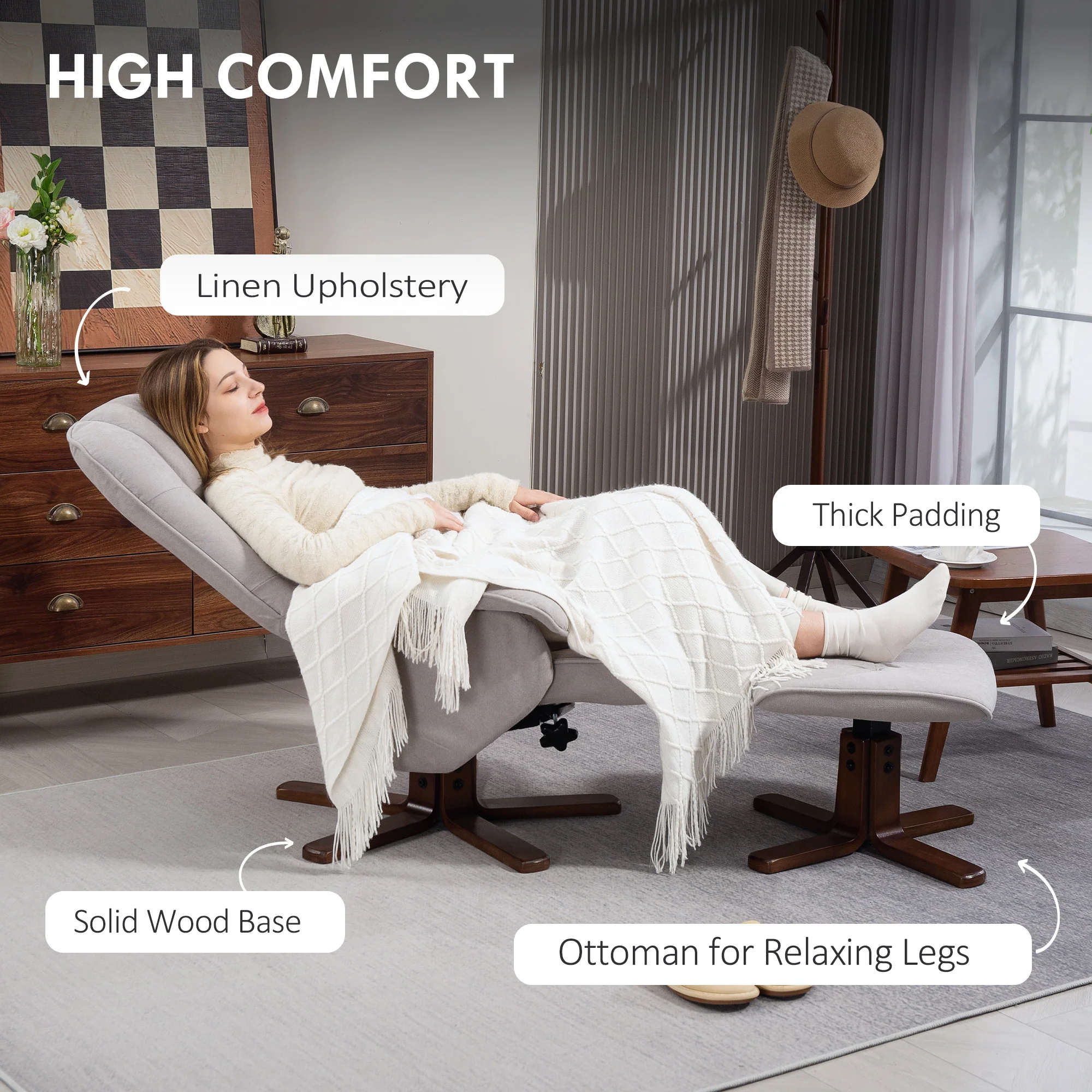 HOMCOM Swivel Recliner Chair with Footstool and Wooden Base, Light Grey - Image 6