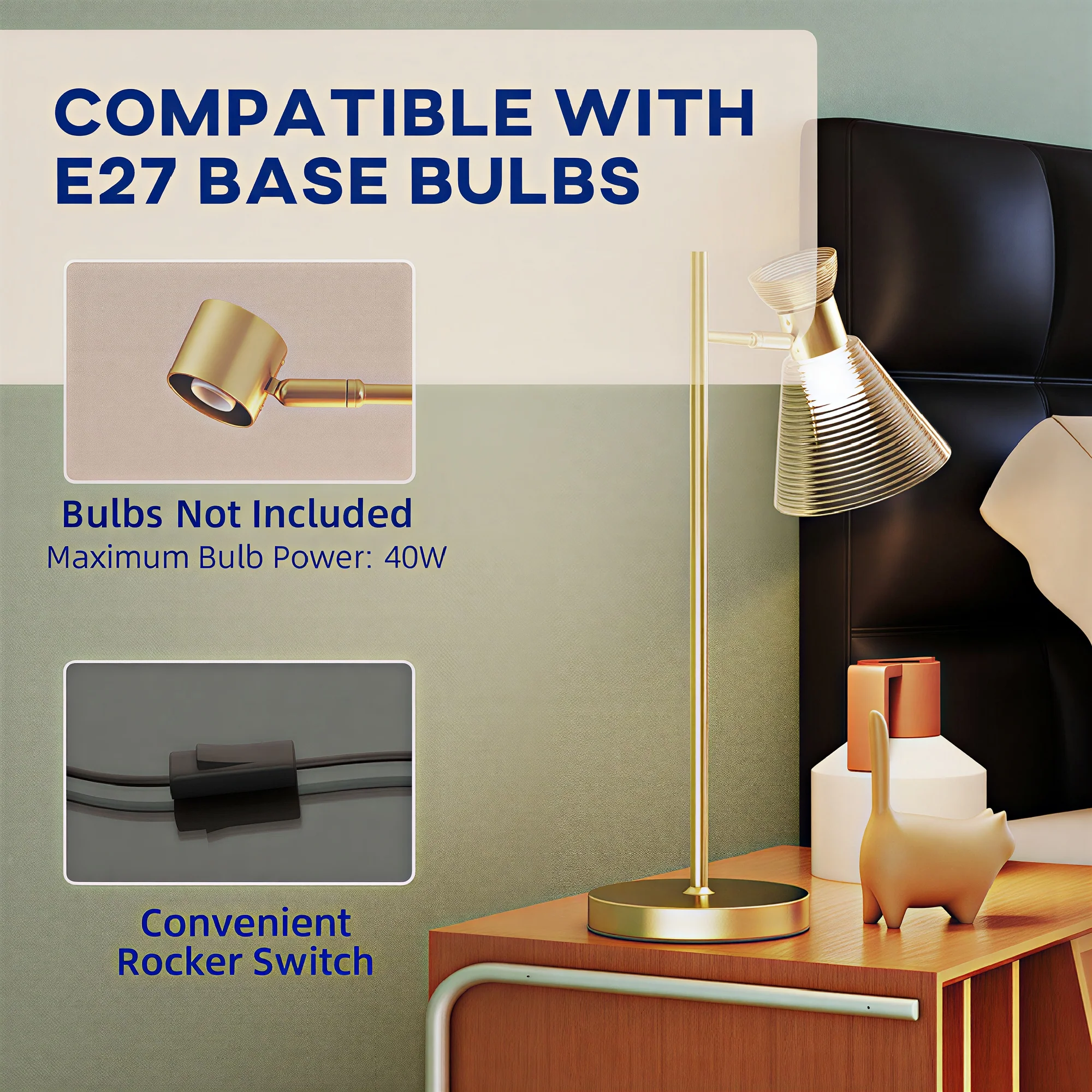 HOMCOM Table Lamp With Adjustable Head, Modern Bedside Lamp, Gold Tone - Image 4