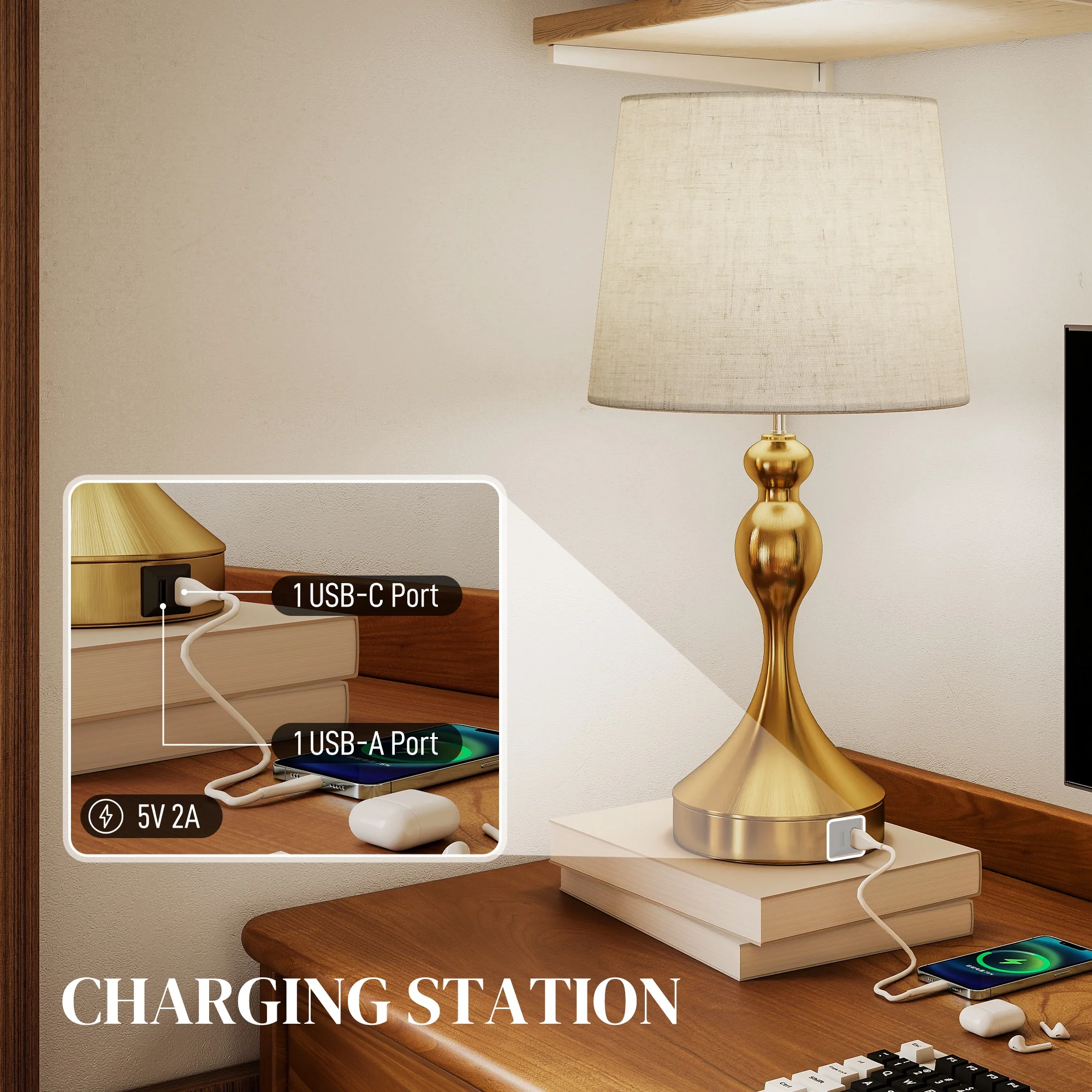 HOMCOM Table Lamps Set Of 2, Modern Bedside Lamps With USB Ports, Gold Tone - Image 3