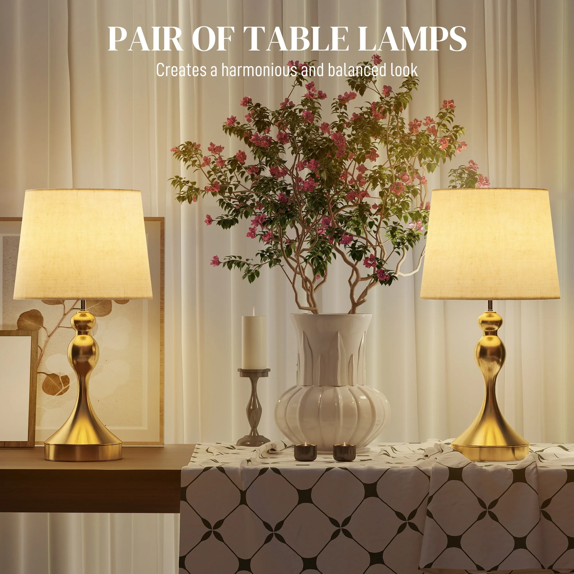 HOMCOM Table Lamps Set Of 2, Modern Bedside Lamps With USB Ports, Gold Tone - Image 5