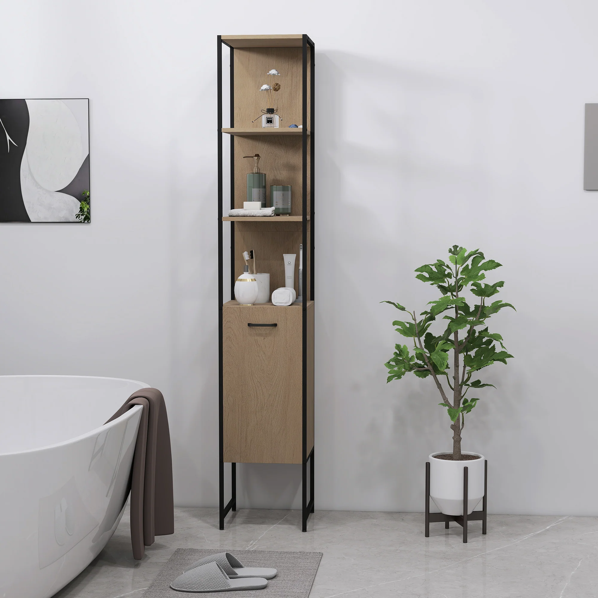 HOMCOM Tall Bathroom Cabinet with 3 Open Shelves Adjustable Shelf - Image 17