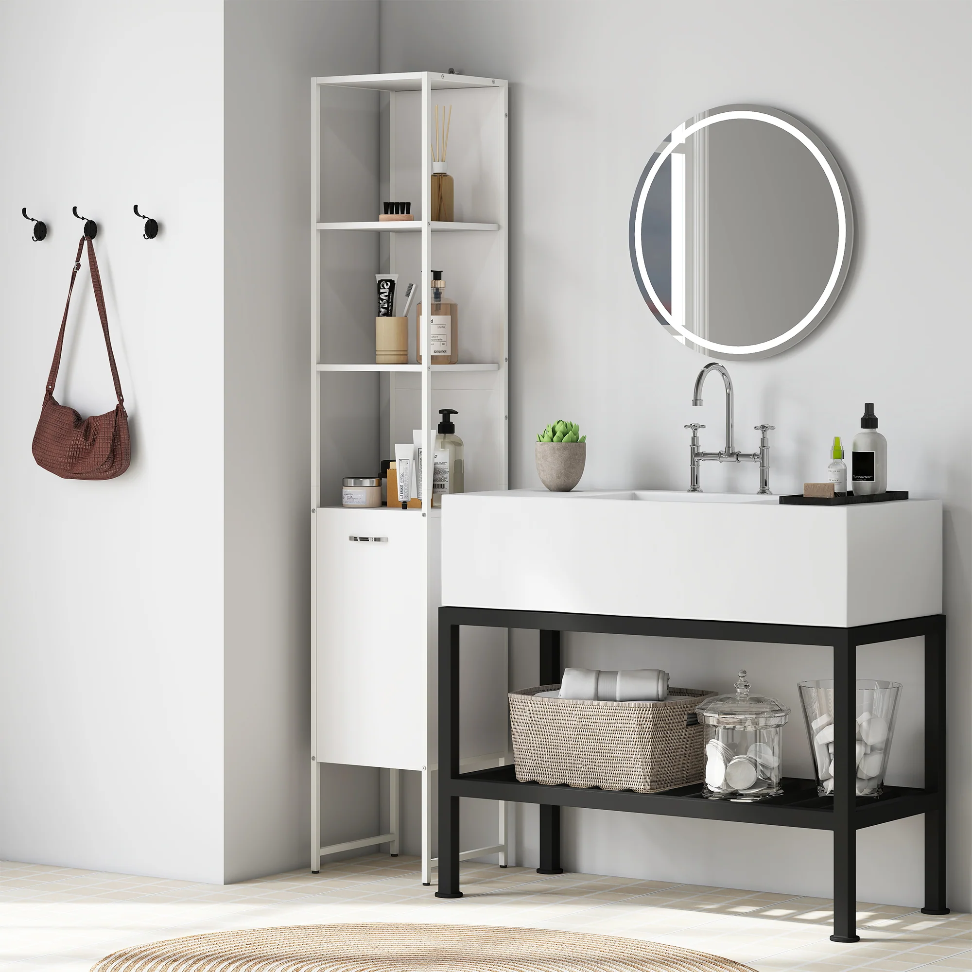 HOMCOM Tall Bathroom Cabinet with 3 Open Shelves Adjustable Shelf - Image 2