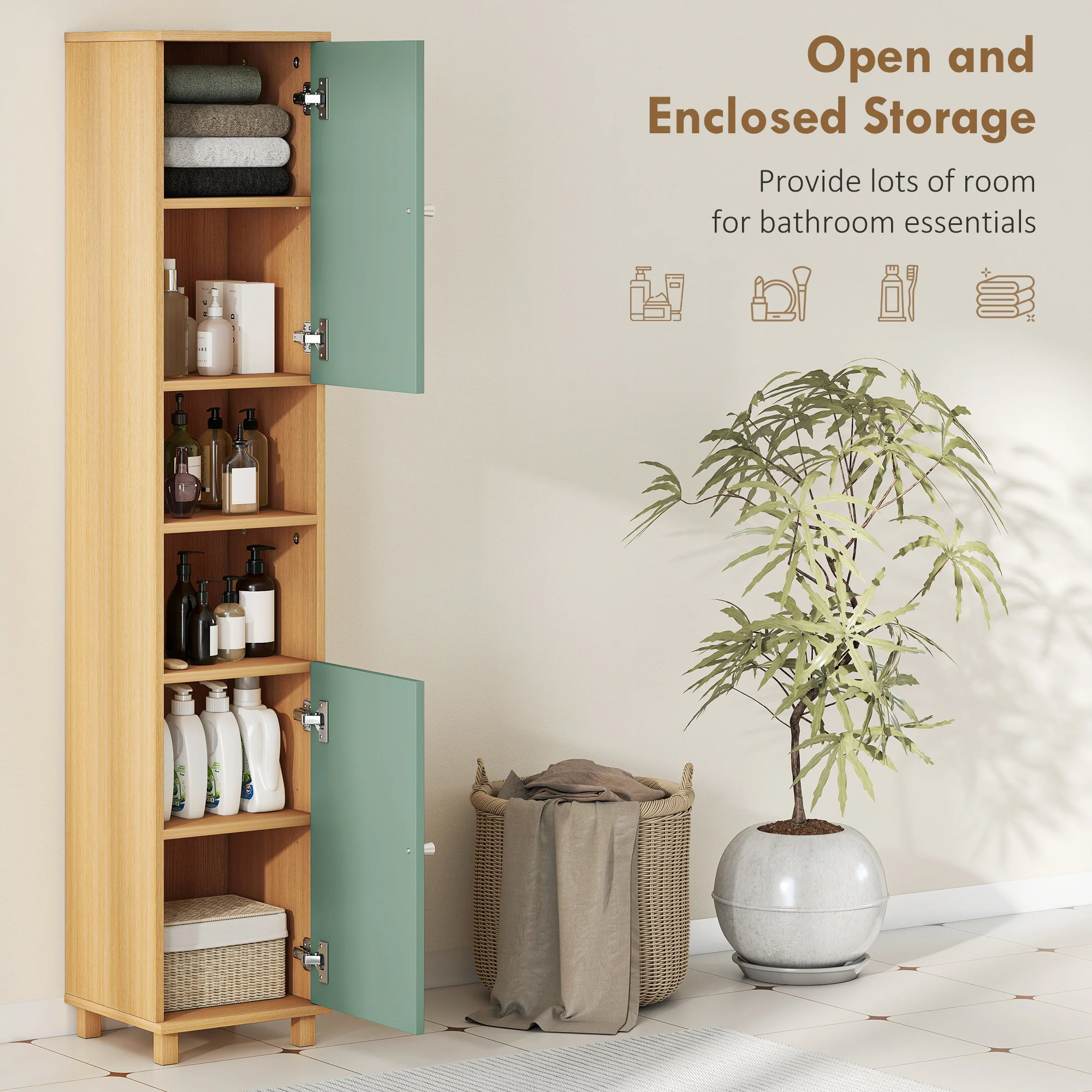 HOMCOM Tall Bathroom Cabinet with Adjustable Shelves and Open Shelves, Green - Image 3