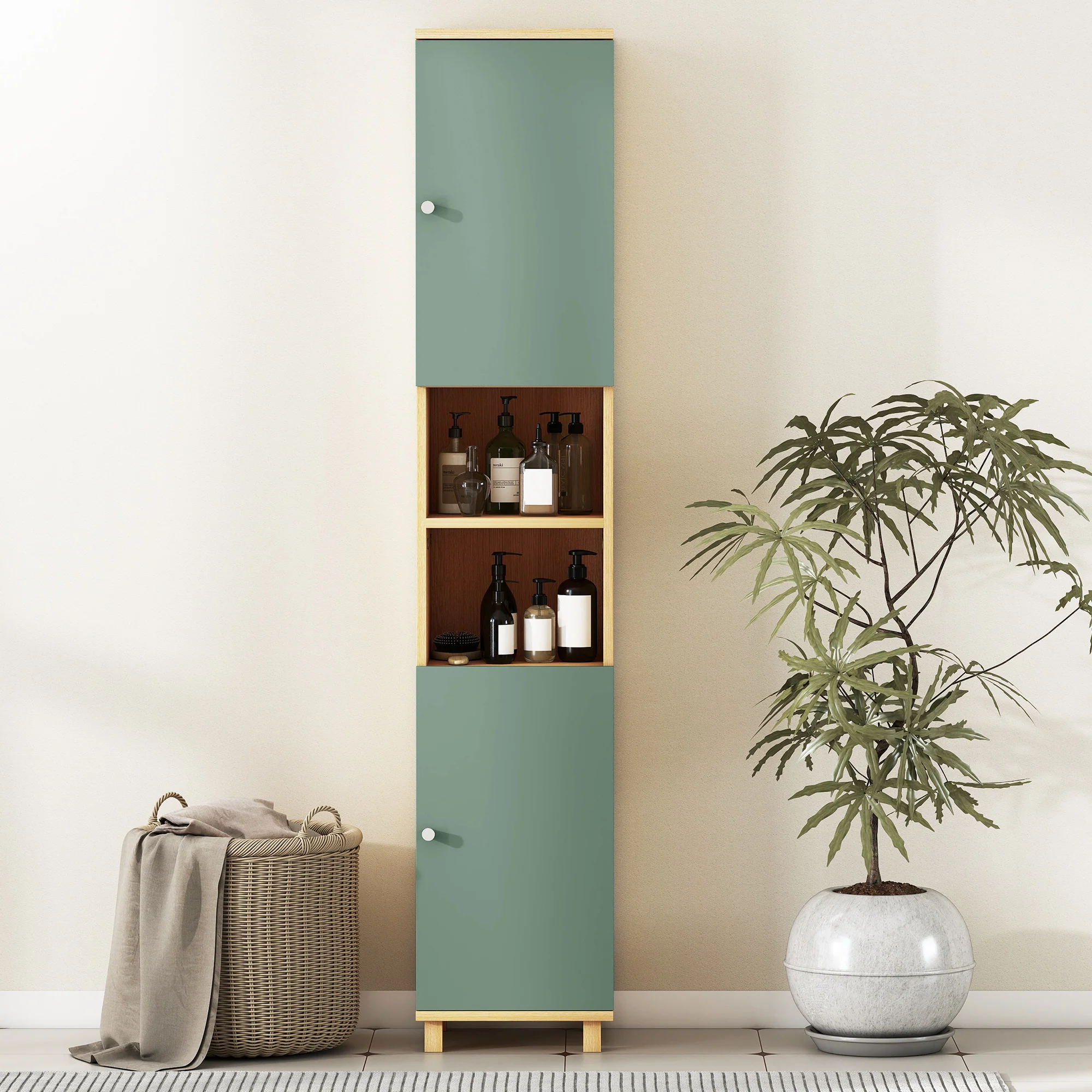 HOMCOM Tall Bathroom Cabinet with Adjustable Shelves and Open Shelves, Green - Image 7