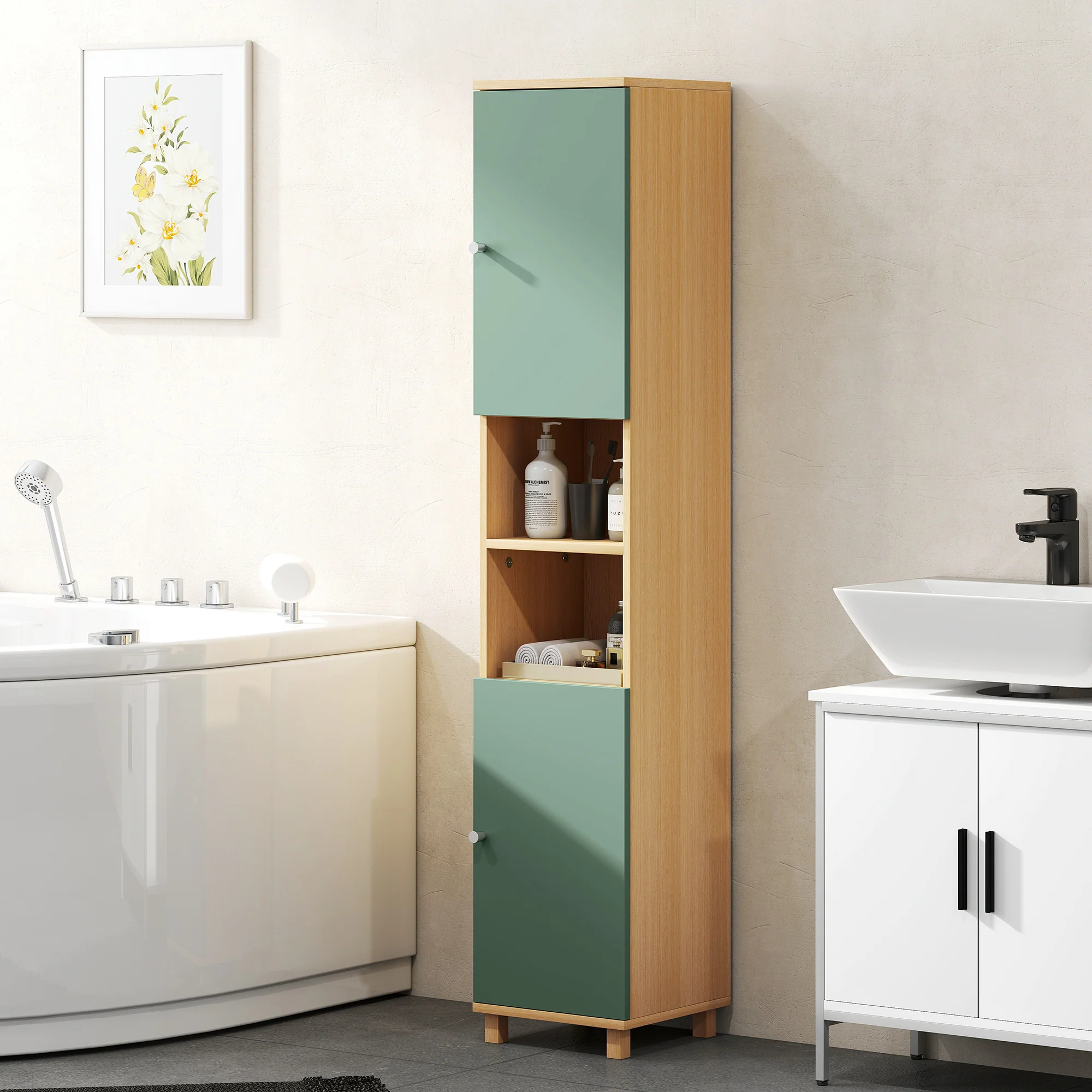 HOMCOM Tall Bathroom Cabinet with Adjustable Shelves and Open Shelves, Green - Image 8