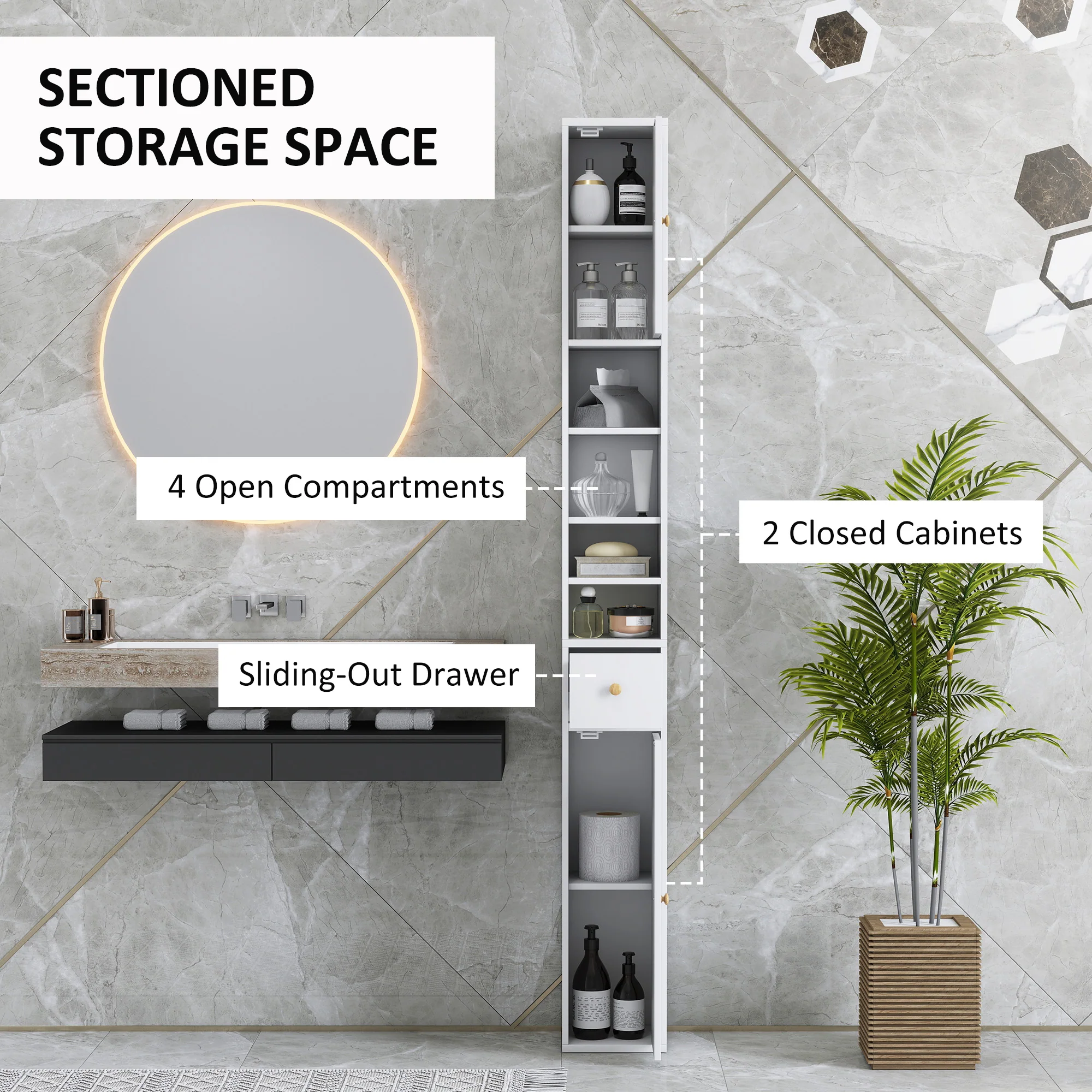 HOMCOM Tall Bathroom Cabinet with Drawer and Adjustable Shelves, White - Image 3