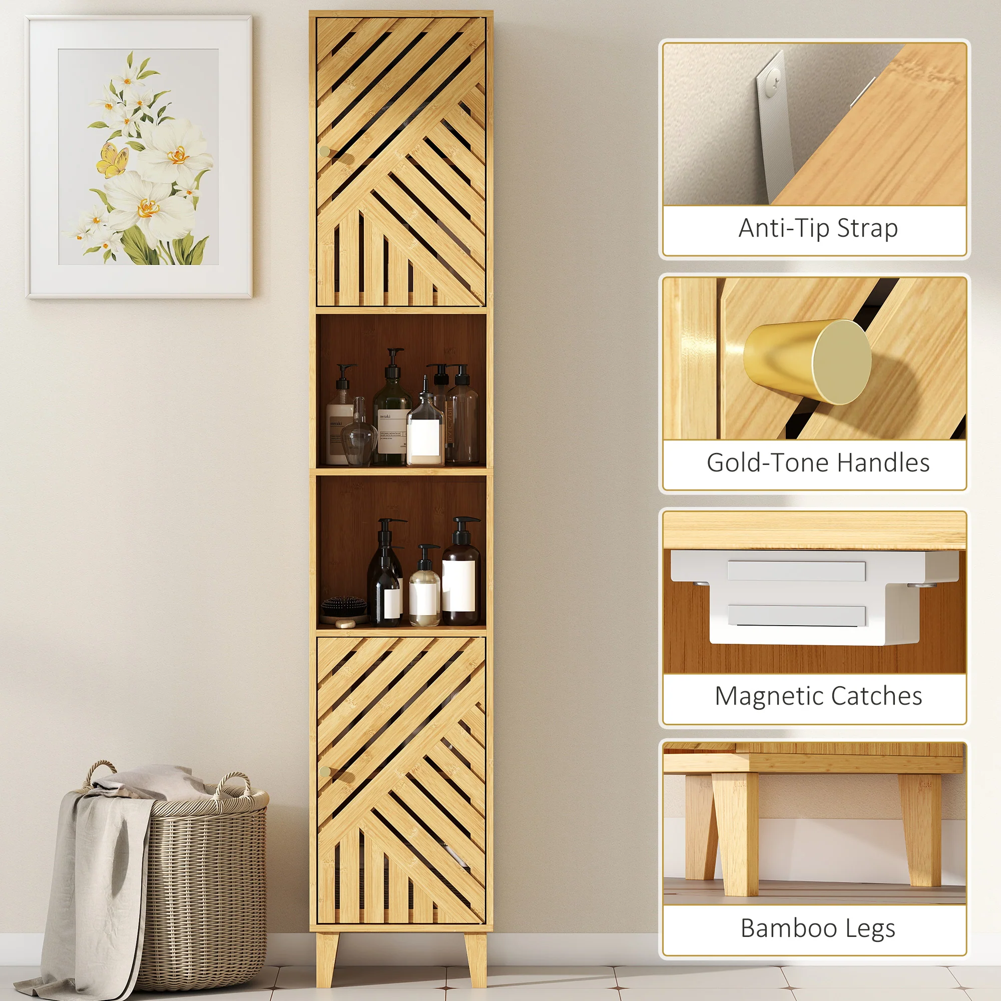 HOMCOM Tall Bathroom Cabinet With Open Compartments And Adjustable Shelves - Image 7