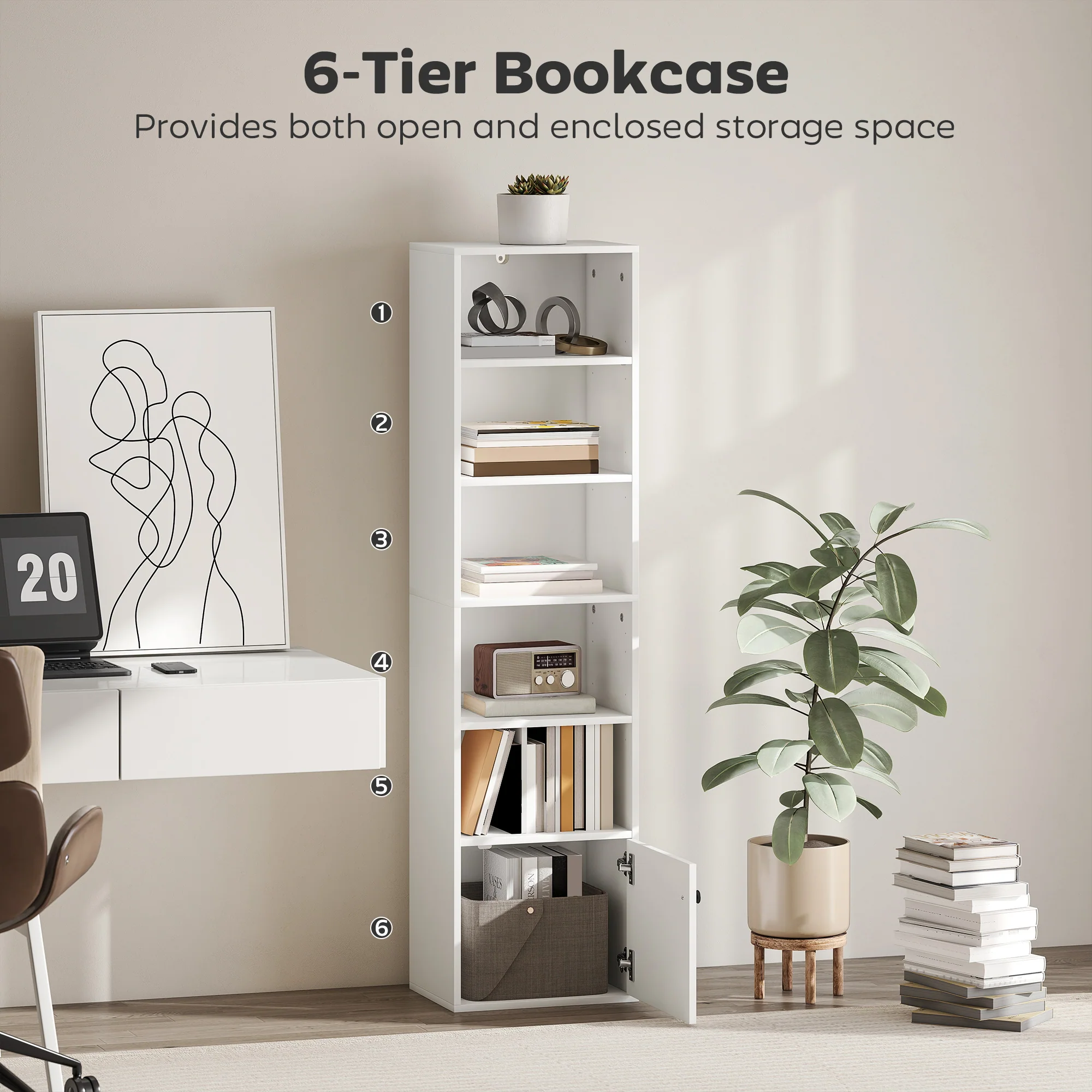 HOMCOM Tall Bookcase, 6-Tier Bookshelf with 3 Adjustable Shelves, White - Image 3