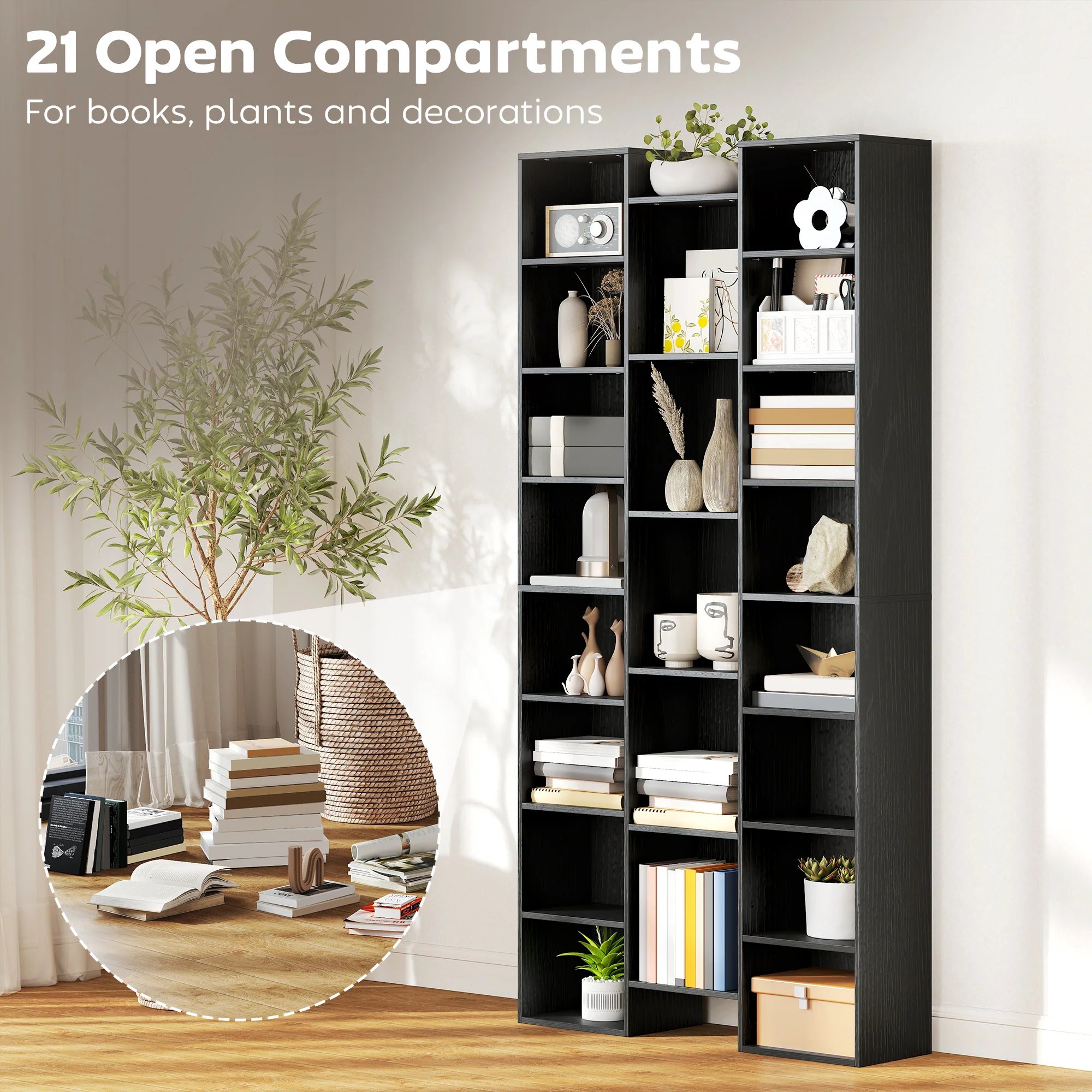 HOMCOM Tall Bookshelf with 21 Compartments and 10 Adjustable Shelves, Black - Image 3