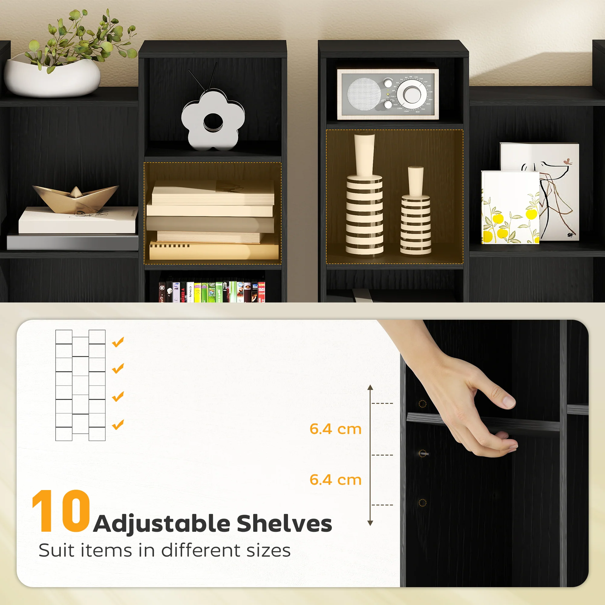 HOMCOM Tall Bookshelf with 21 Compartments and 10 Adjustable Shelves, Black - Image 4