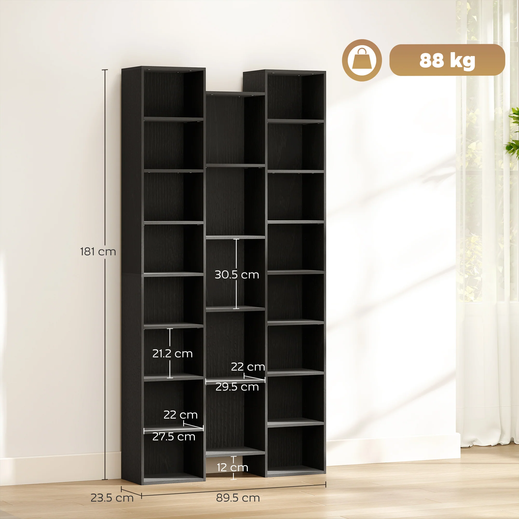 HOMCOM Tall Bookshelf with 21 Compartments and 10 Adjustable Shelves, Black - Image 5