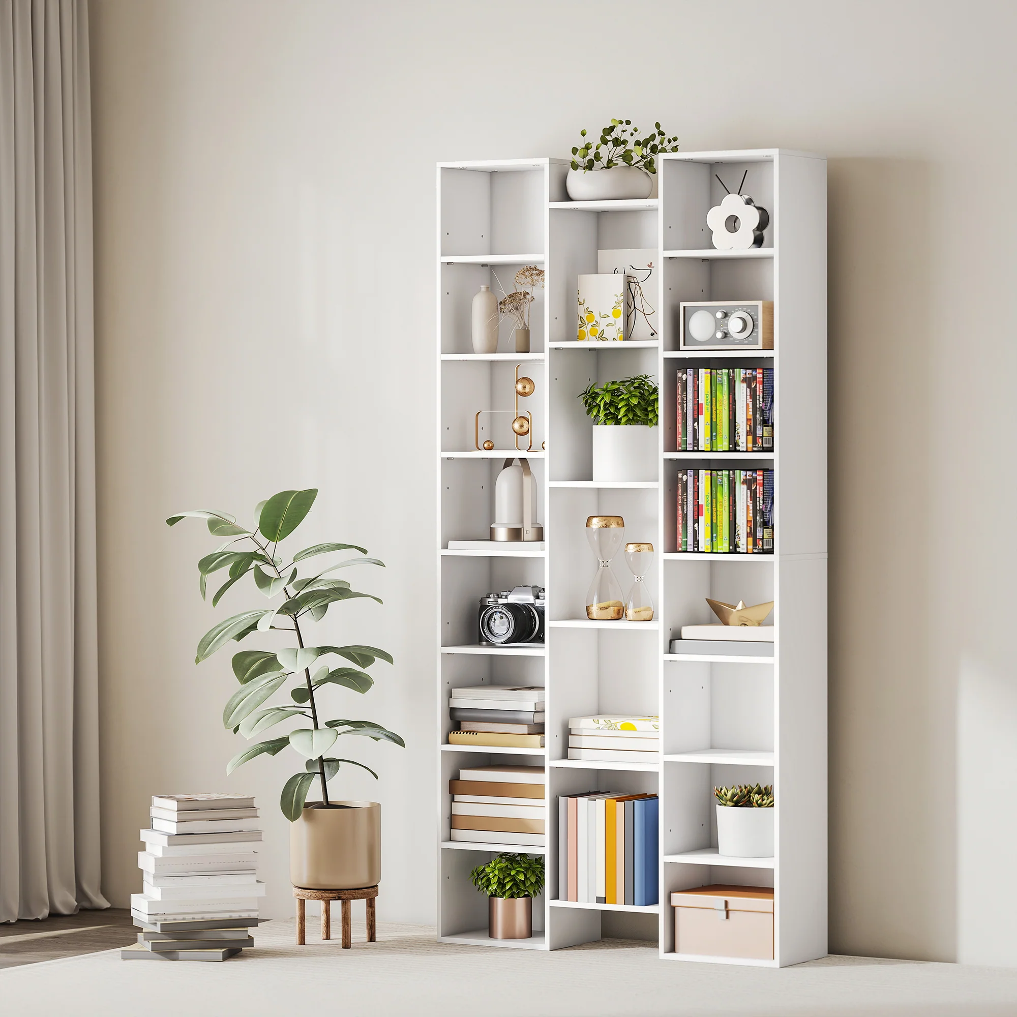 HOMCOM Tall Bookshelf with 21 Compartments and 10 Adjustable Shelves, White - Image 7