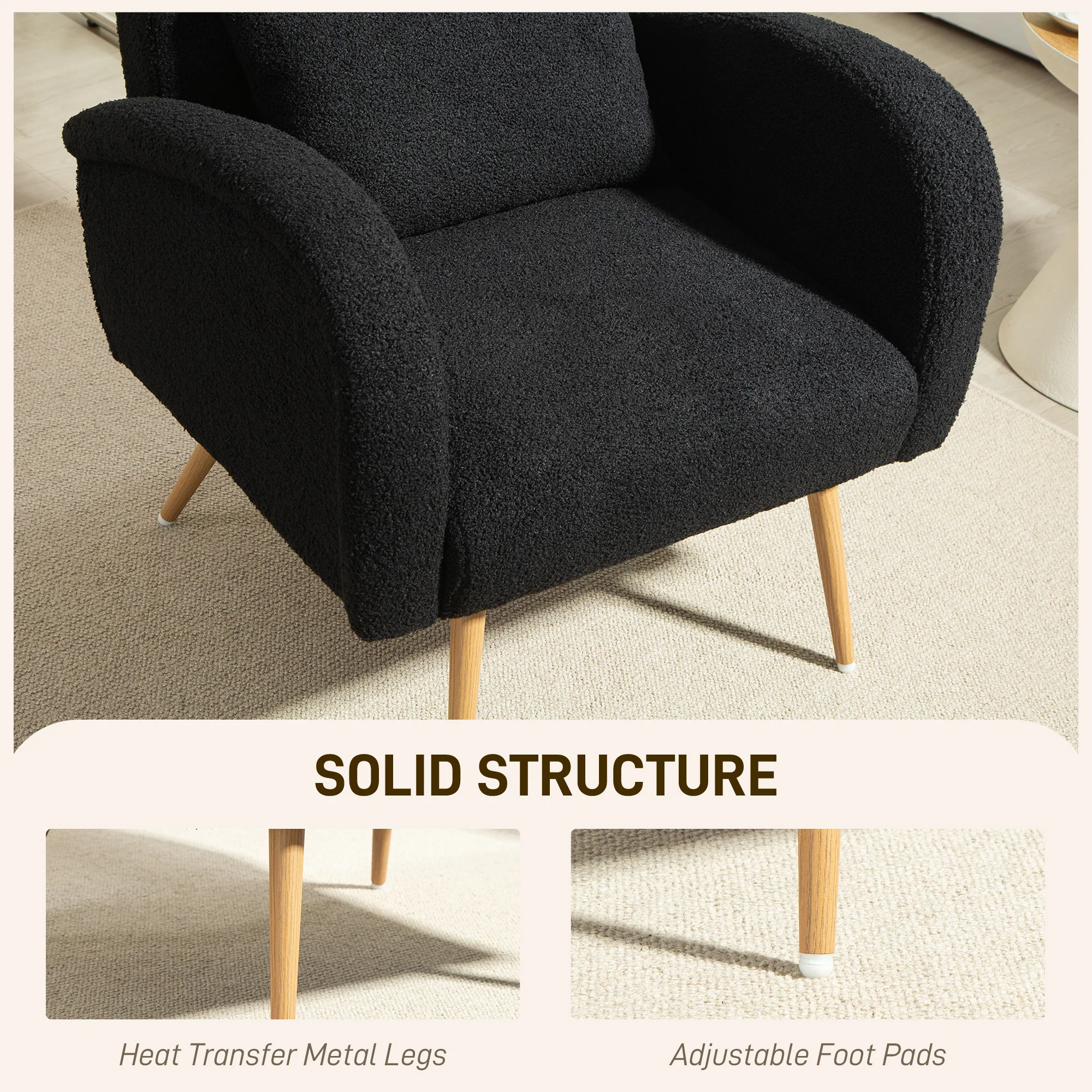 HOMCOM Teddy Fleece Upholstered Accent Chair with Metal Legs, Black - Image 2