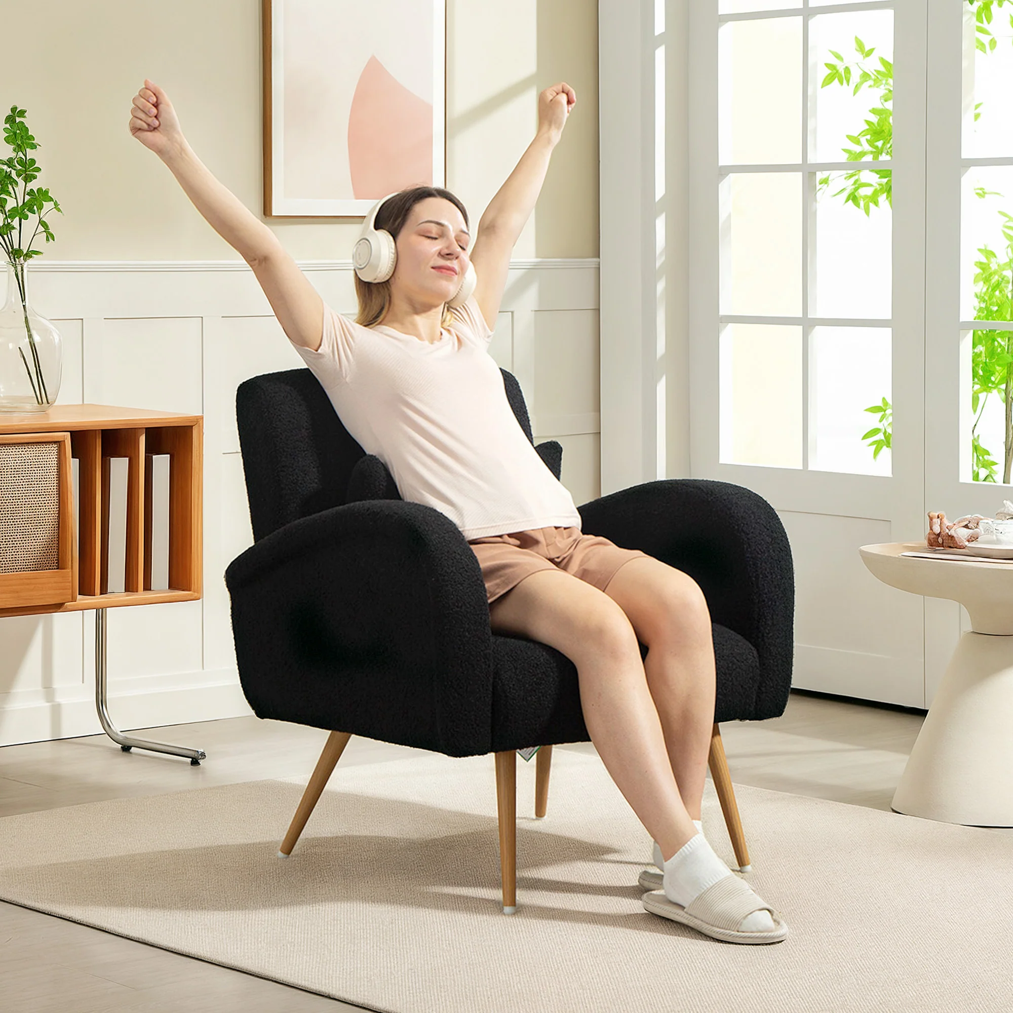 HOMCOM Teddy Fleece Upholstered Accent Chair with Metal Legs, Black - Image 9
