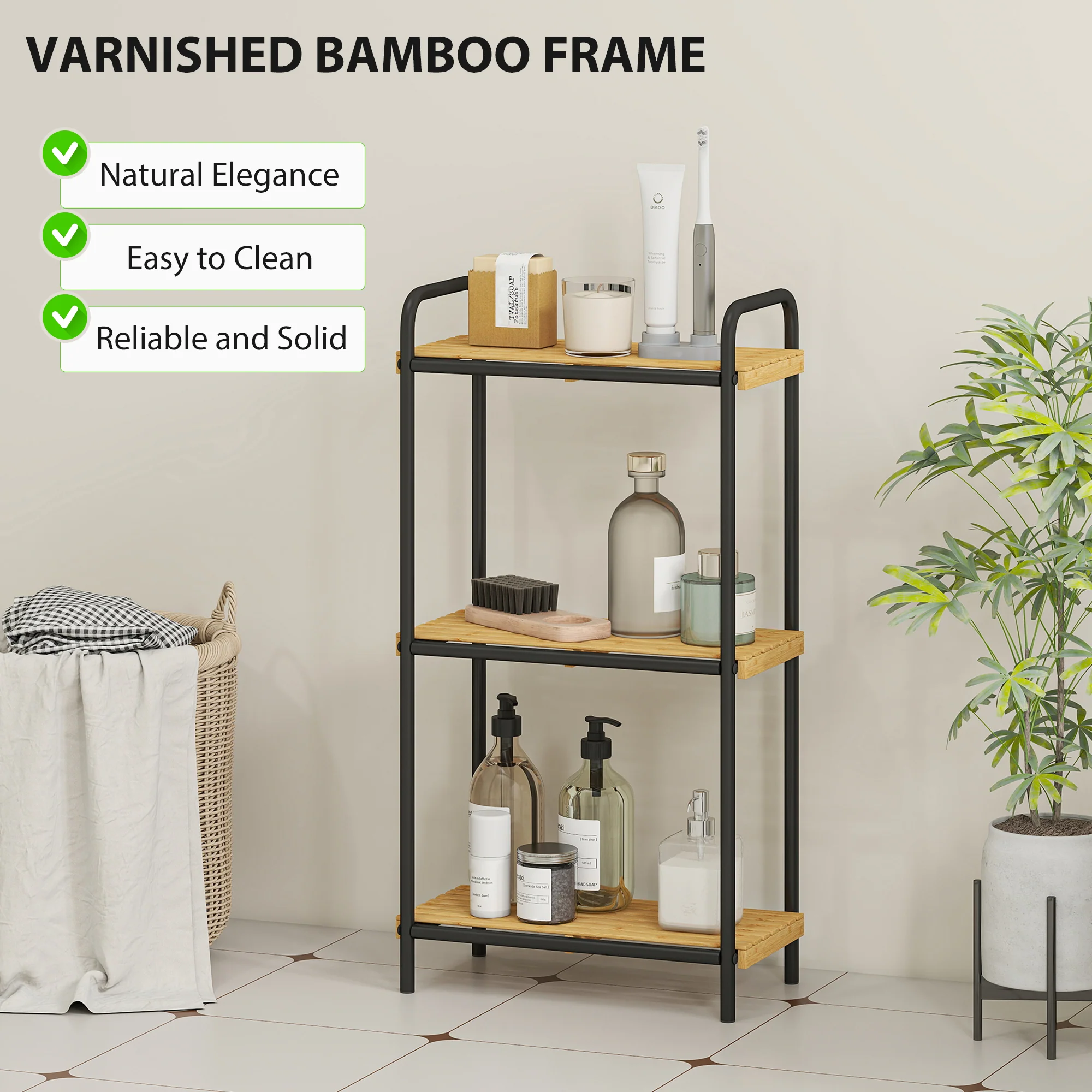 HOMCOM Tier Bamboo Bathroom Shelf, Freestanding Shelving Unit - Image 4