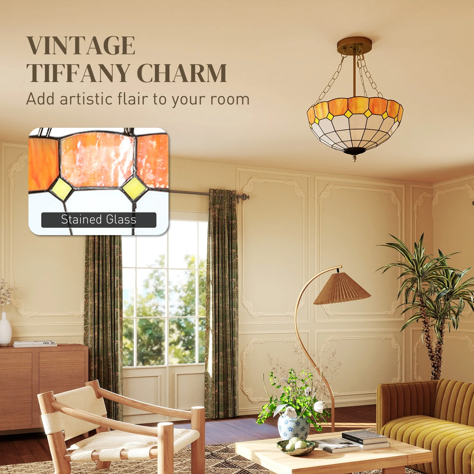 HOMCOM Tiffany Style Ceiling Light, Vintage Chandelier With 3 E27 Sockets - Image 3
