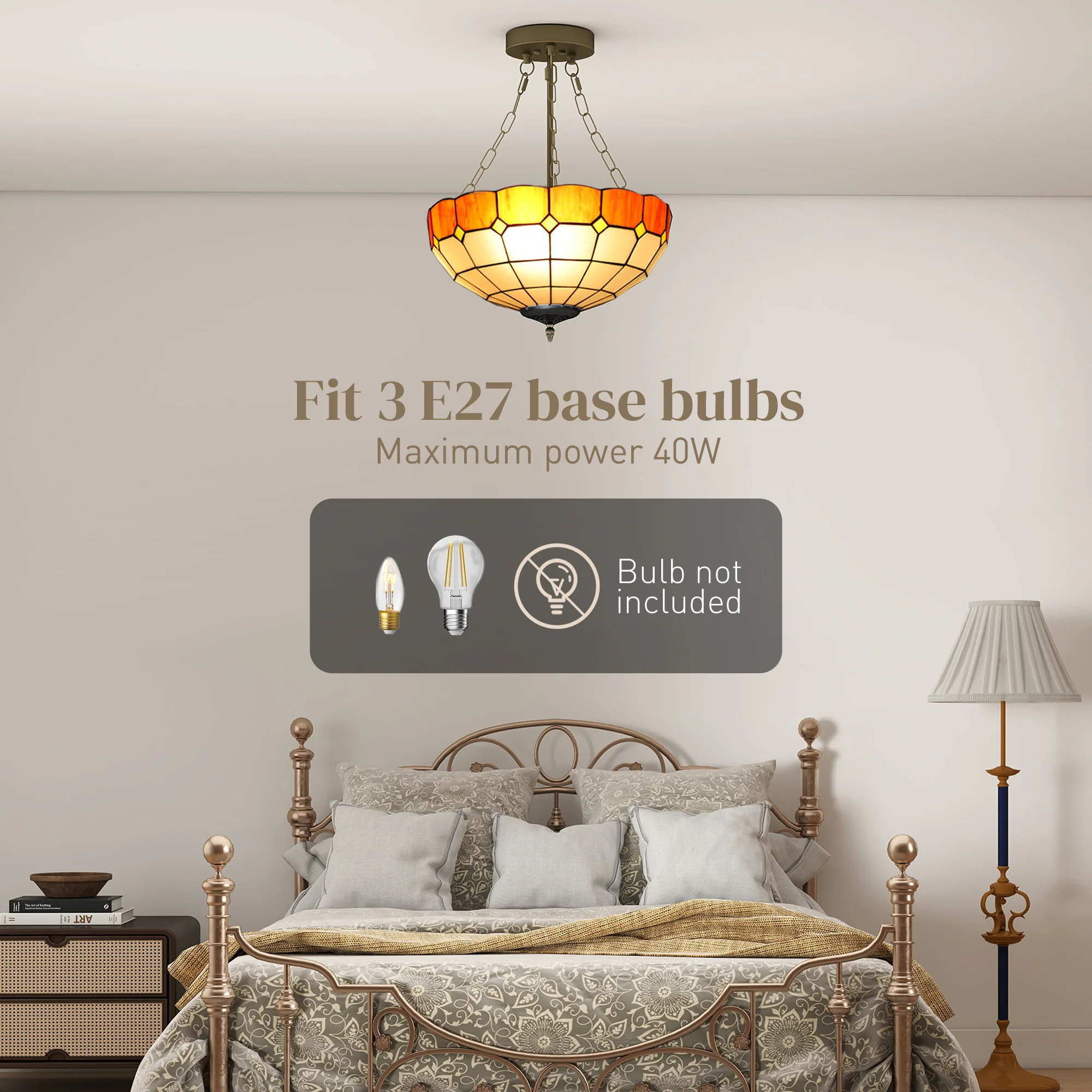 HOMCOM Tiffany Style Ceiling Light, Vintage Chandelier With 3 E27 Sockets - Image 4