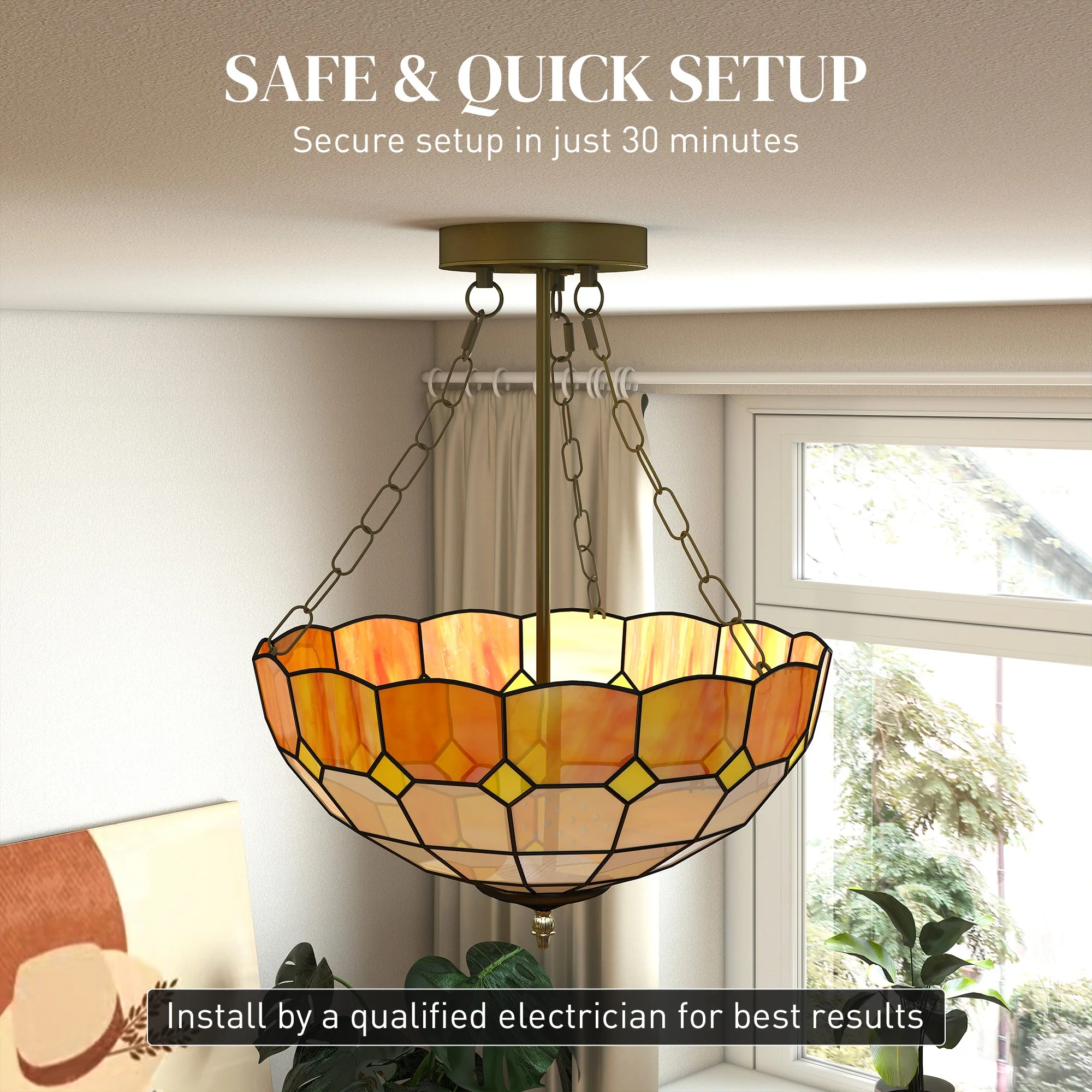HOMCOM Tiffany Style Ceiling Light, Vintage Chandelier With 3 E27 Sockets - Image 6