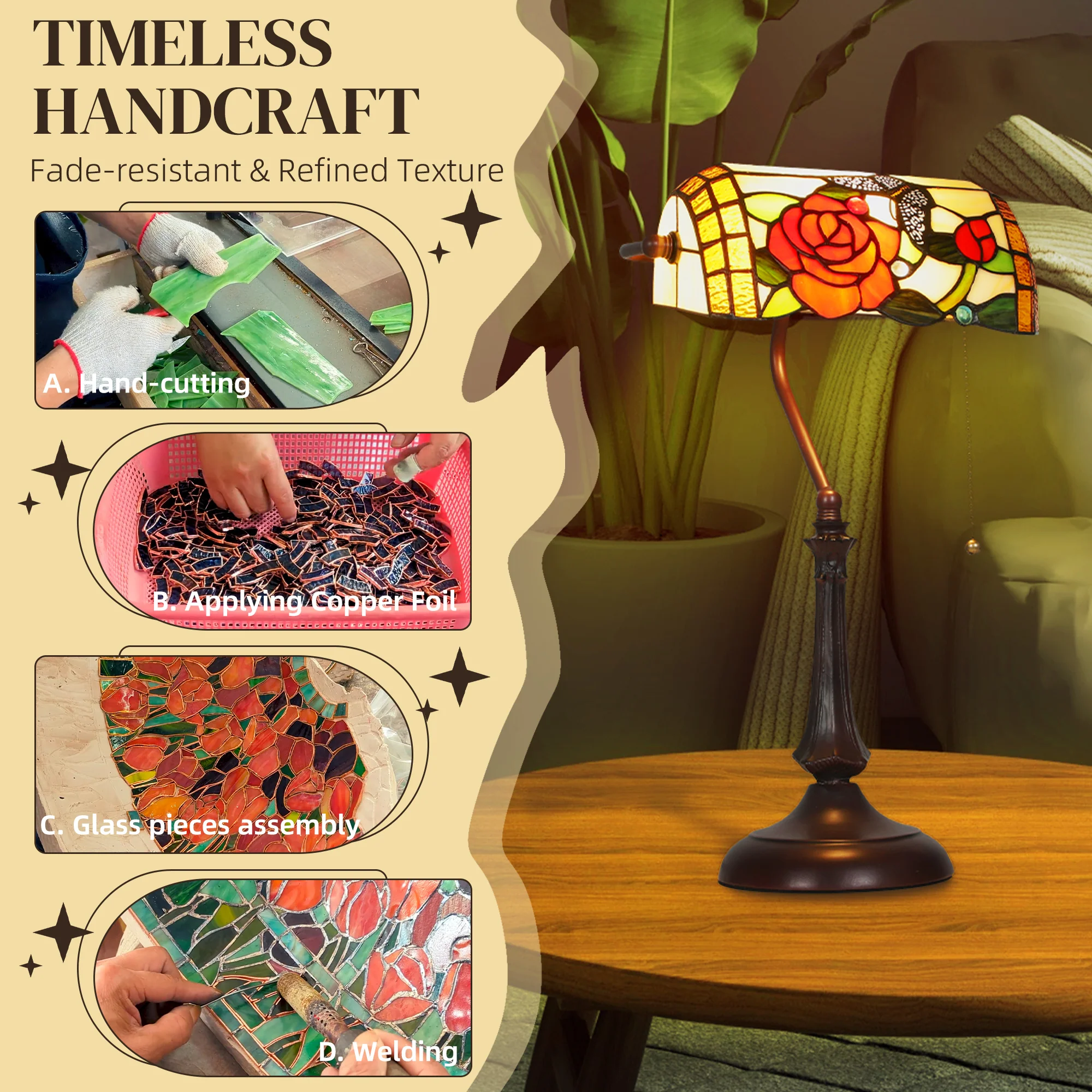 HOMCOM Tiffany-Style Stained Glass Table Lamp, Handcrafted Antique Bedside - Image 4