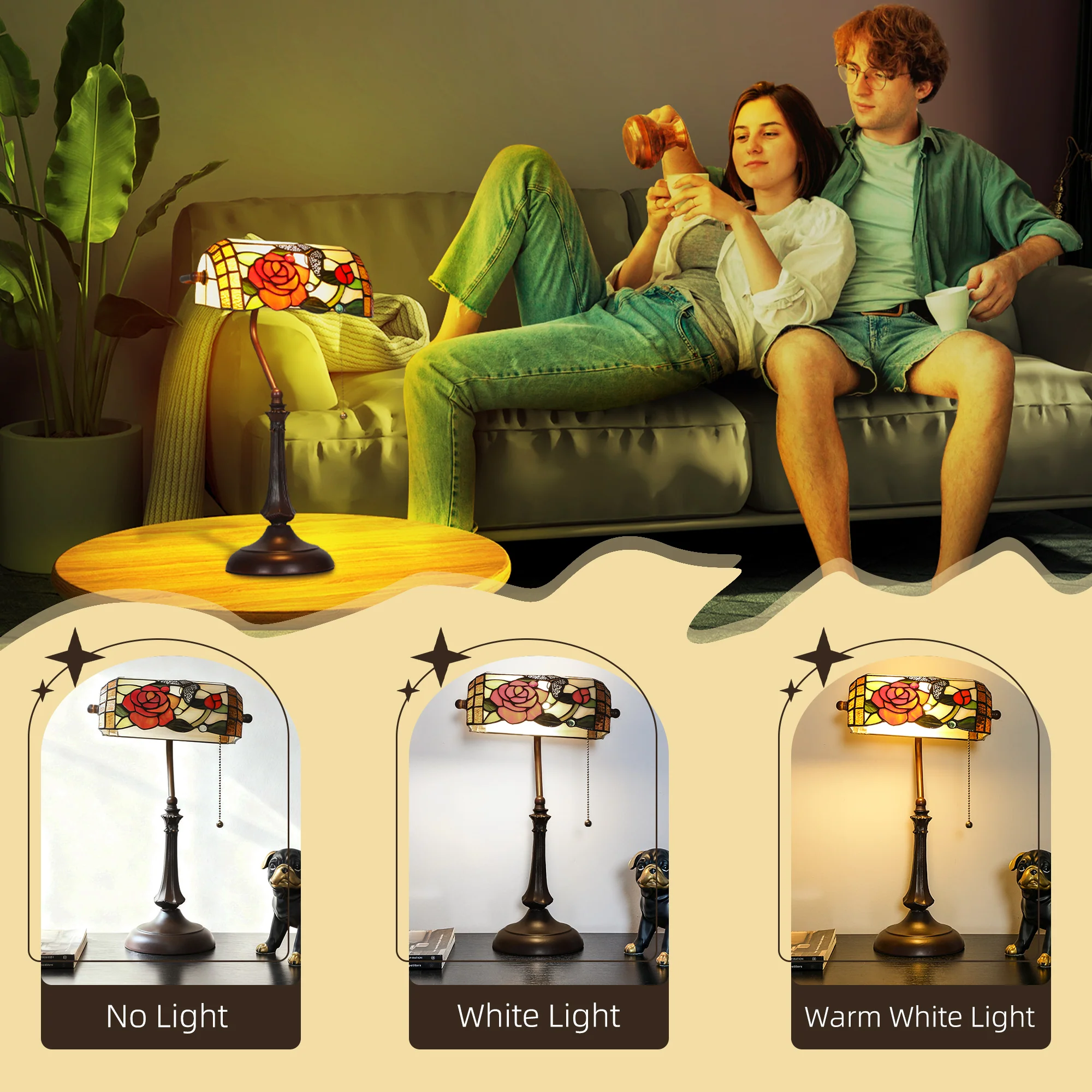 HOMCOM Tiffany-Style Stained Glass Table Lamp, Handcrafted Antique Bedside - Image 6