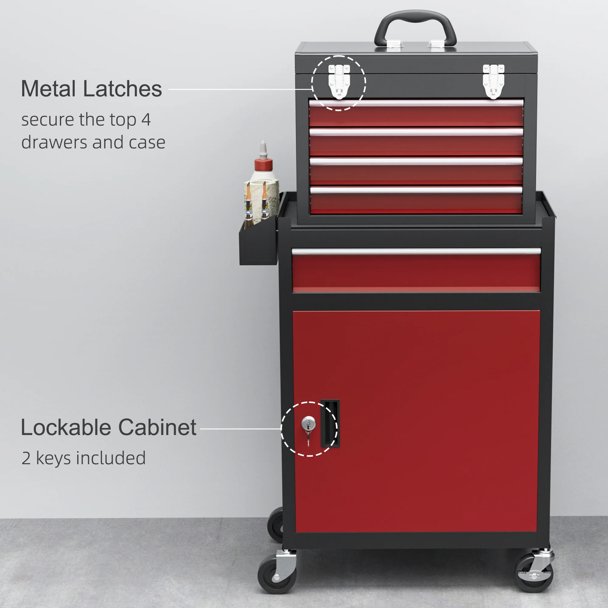 HOMCOM Tool Cabinet on Wheels with 5 Drawers Top Tool Chest Roller Cabinet Combo - Image 6