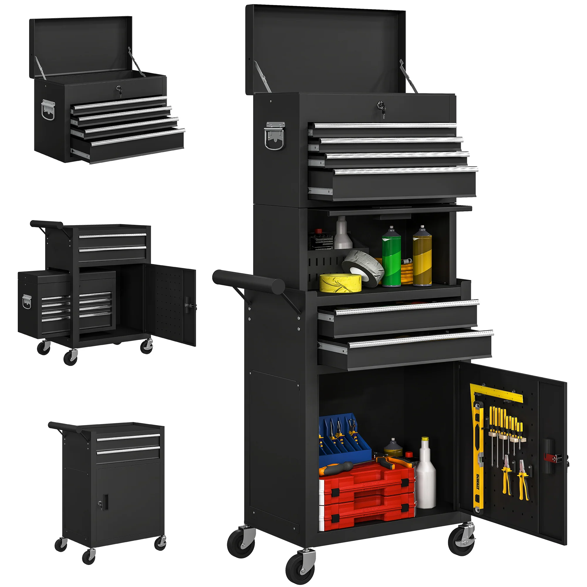 HOMCOM Tool Cabinet with 6 Drawers, 3-in-1 Rolling Tool Chest with Wheels