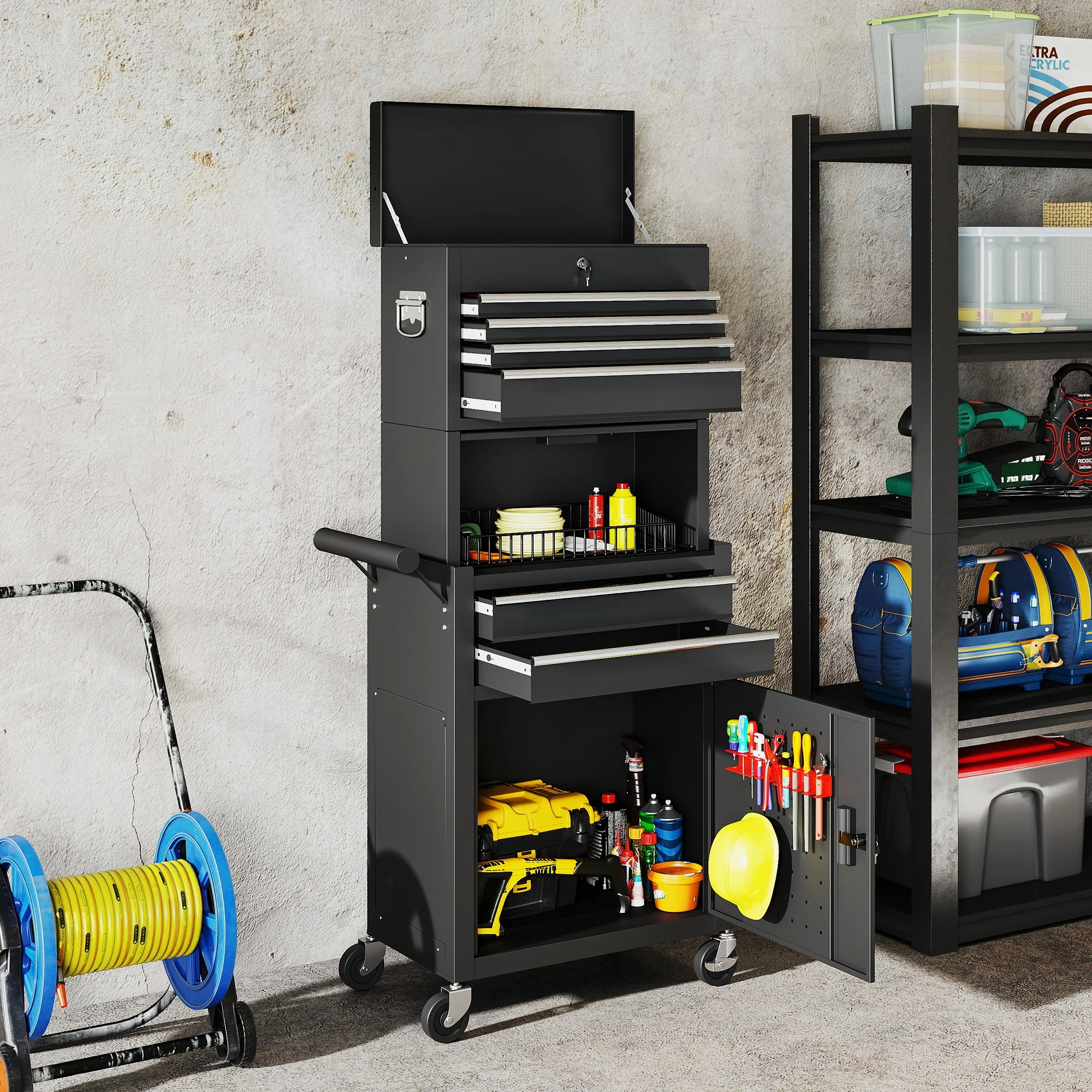 HOMCOM Tool Cabinet with 6 Drawers, 3-in-1 Rolling Tool Chest with Wheels - Image 2