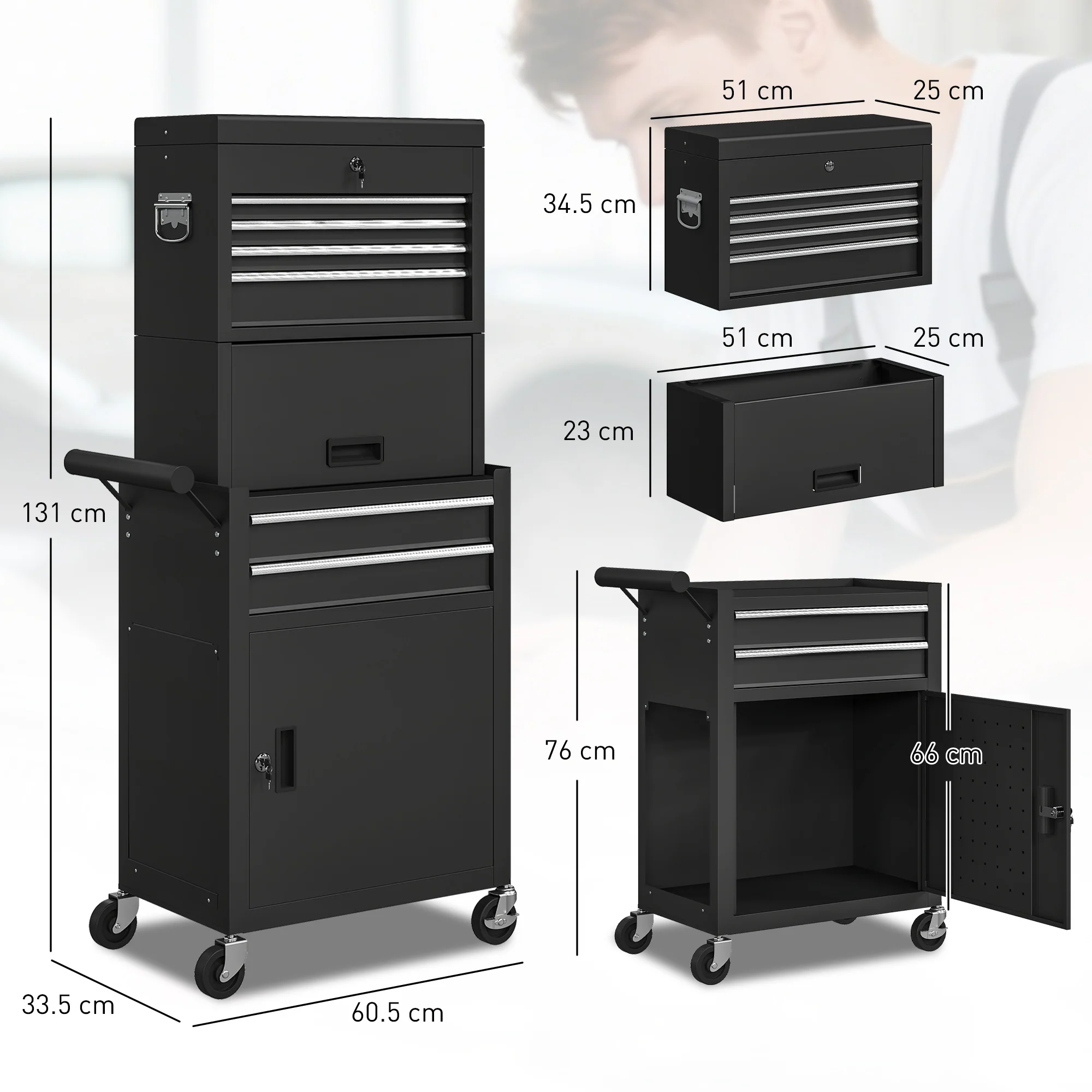 HOMCOM Tool Cabinet with 6 Drawers, 3-in-1 Rolling Tool Chest with Wheels - Image 5