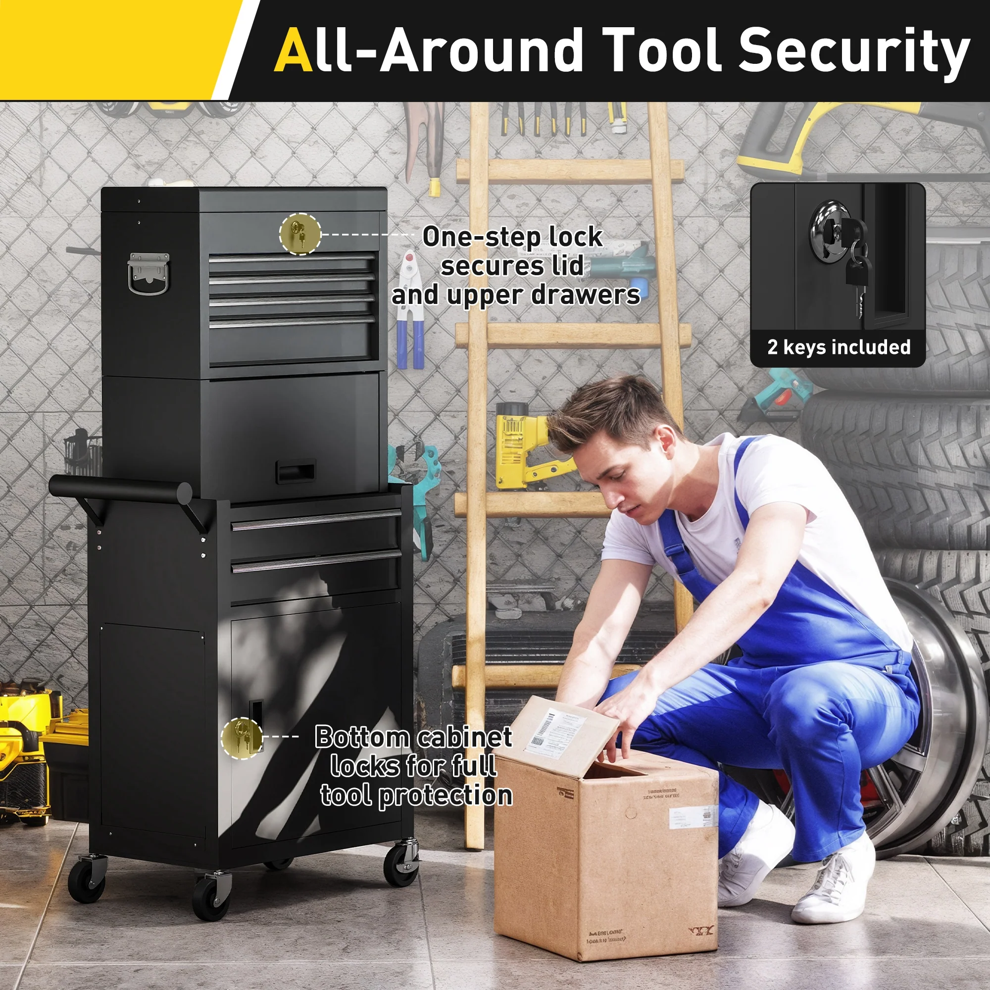 HOMCOM Tool Cabinet with 6 Drawers, 3-in-1 Rolling Tool Chest with Wheels - Image 7