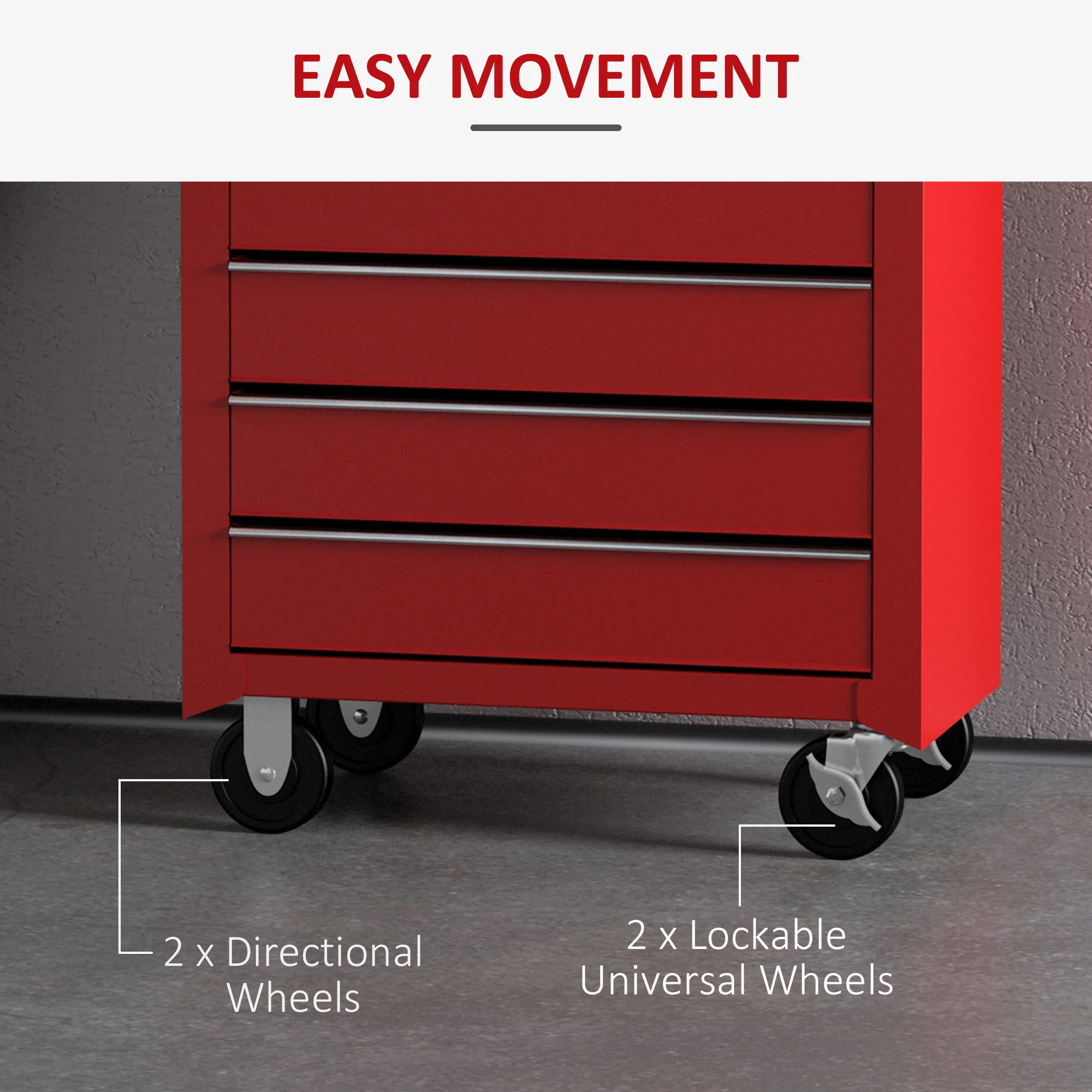 HOMCOM Tool Trolley with 5 Drawers Steel Tool Chest on Wheels with Handle Red - Image 4