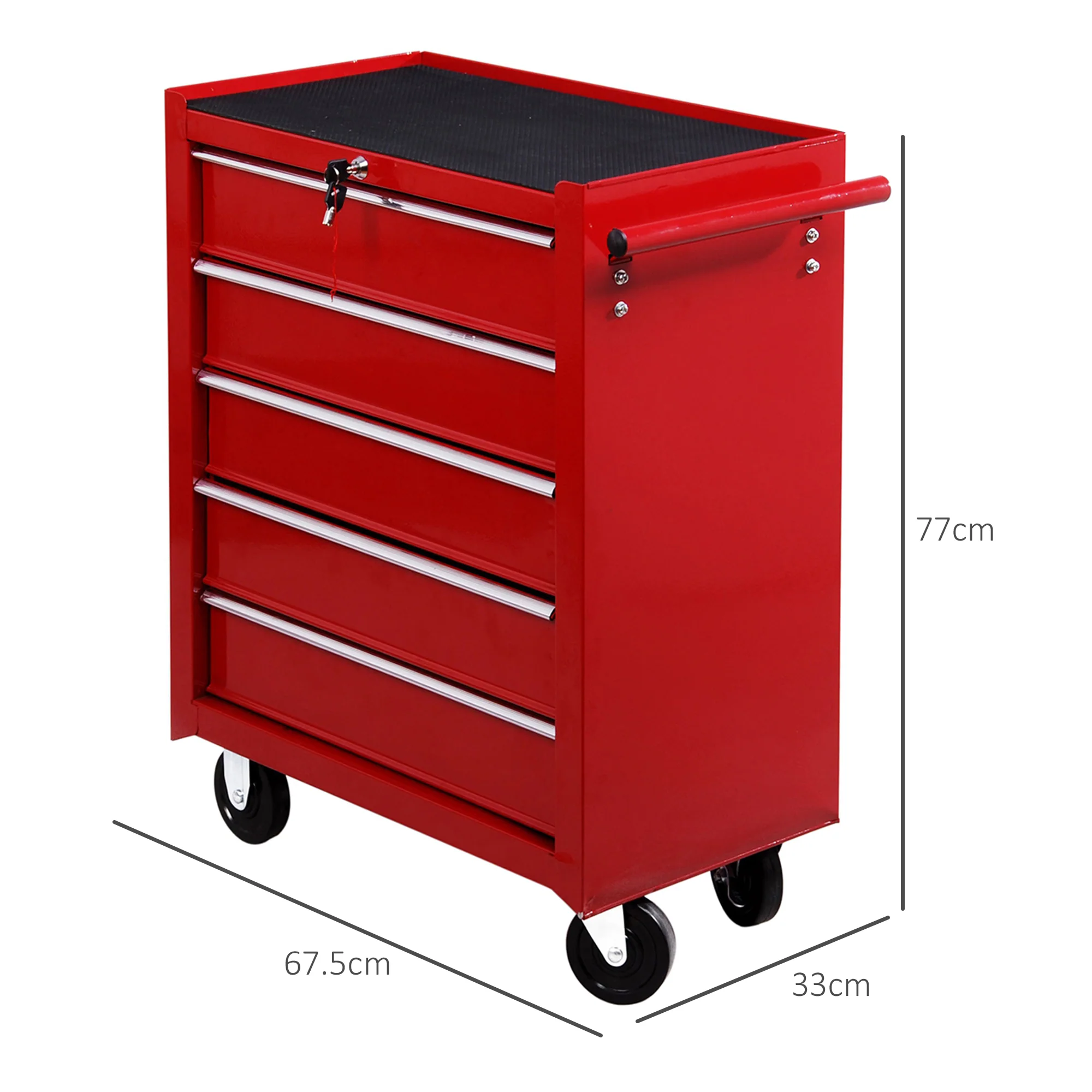 HOMCOM Tool Trolley with 5 Drawers Steel Tool Chest on Wheels with Handle Red - Image 5