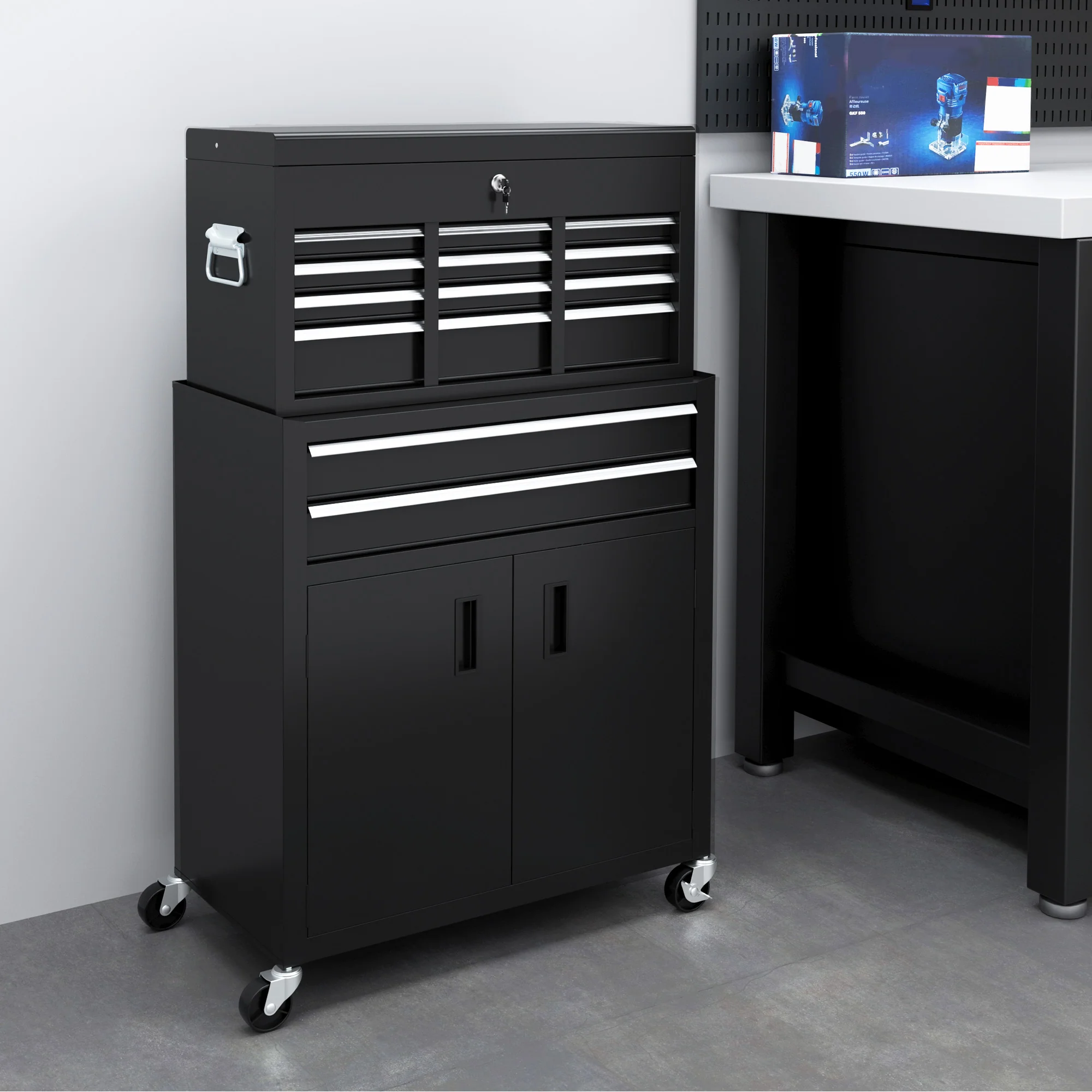 HOMCOM Top Chest And Roller Cabinet Combo Metal Tool Cabinet On Wheels - Black/Blue/Red - Image 11